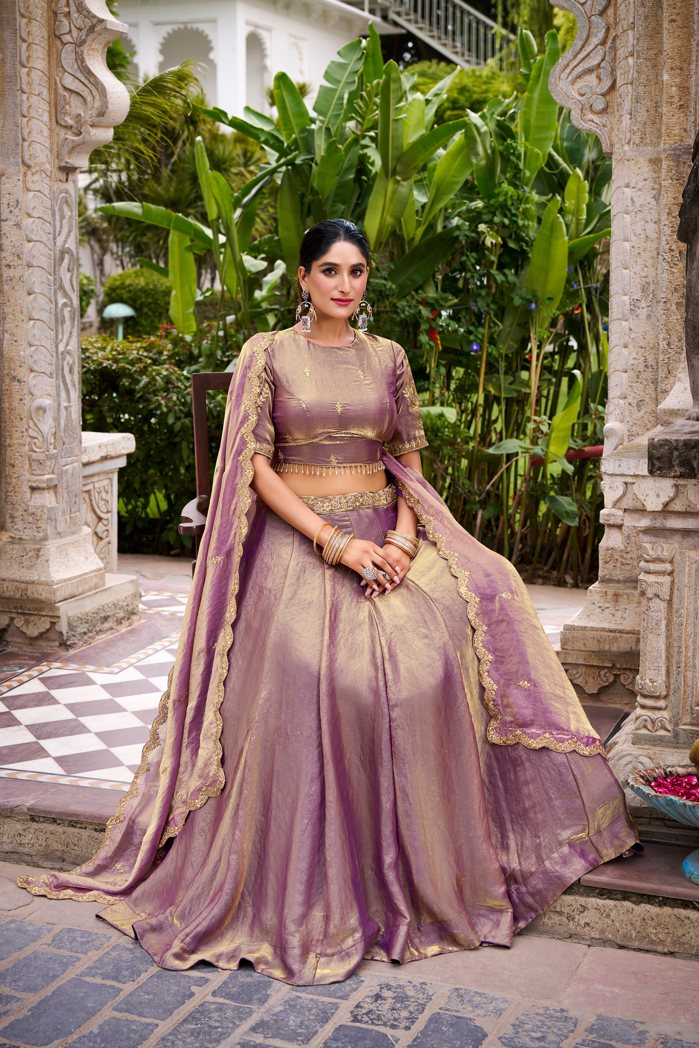 Designer Rose Gold Lehenga in Crushed Shimmer Fabric with an Embroidered
