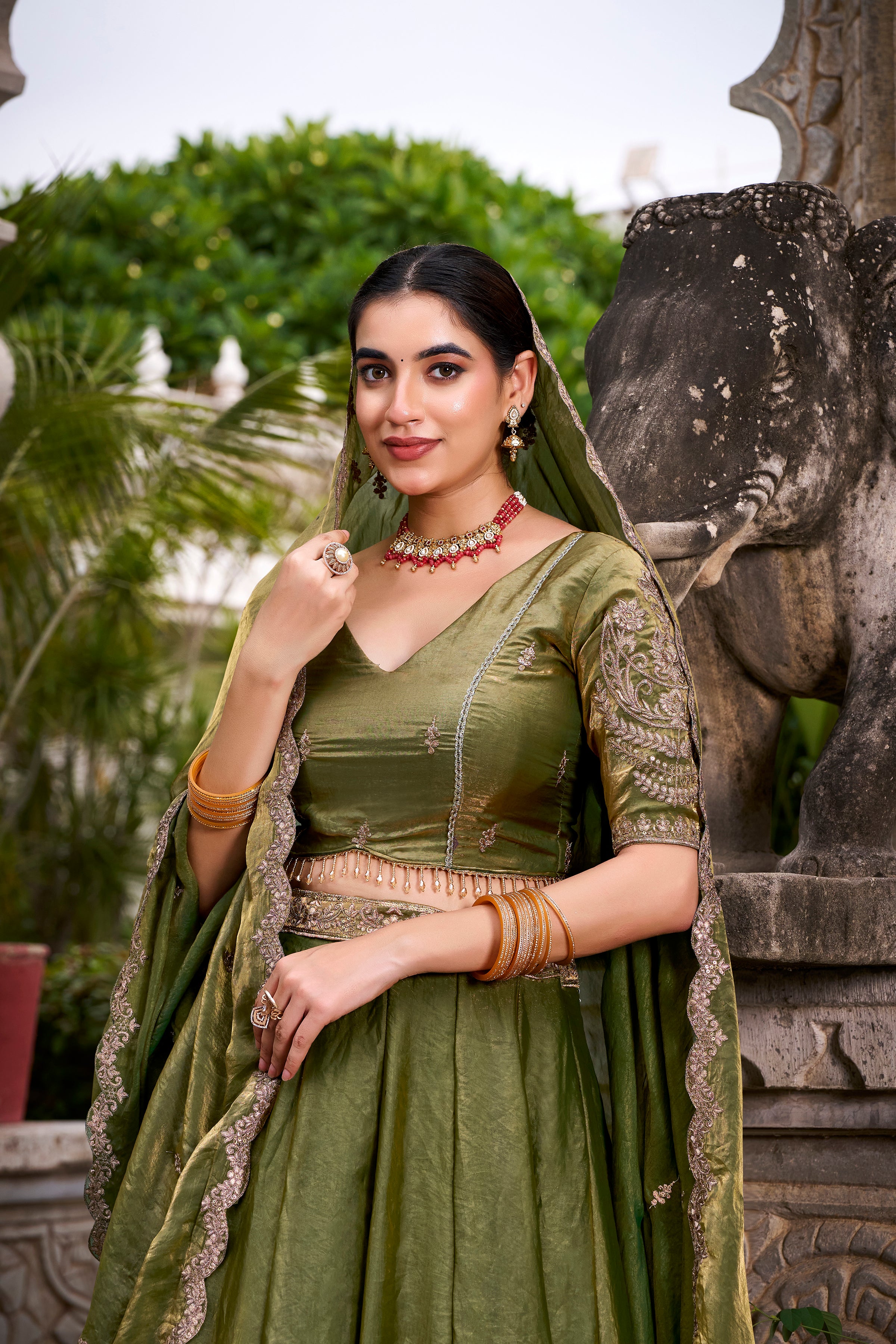 Designer Rose Gold Lehenga in Crushed Shimmer Fabric with an Embroidered