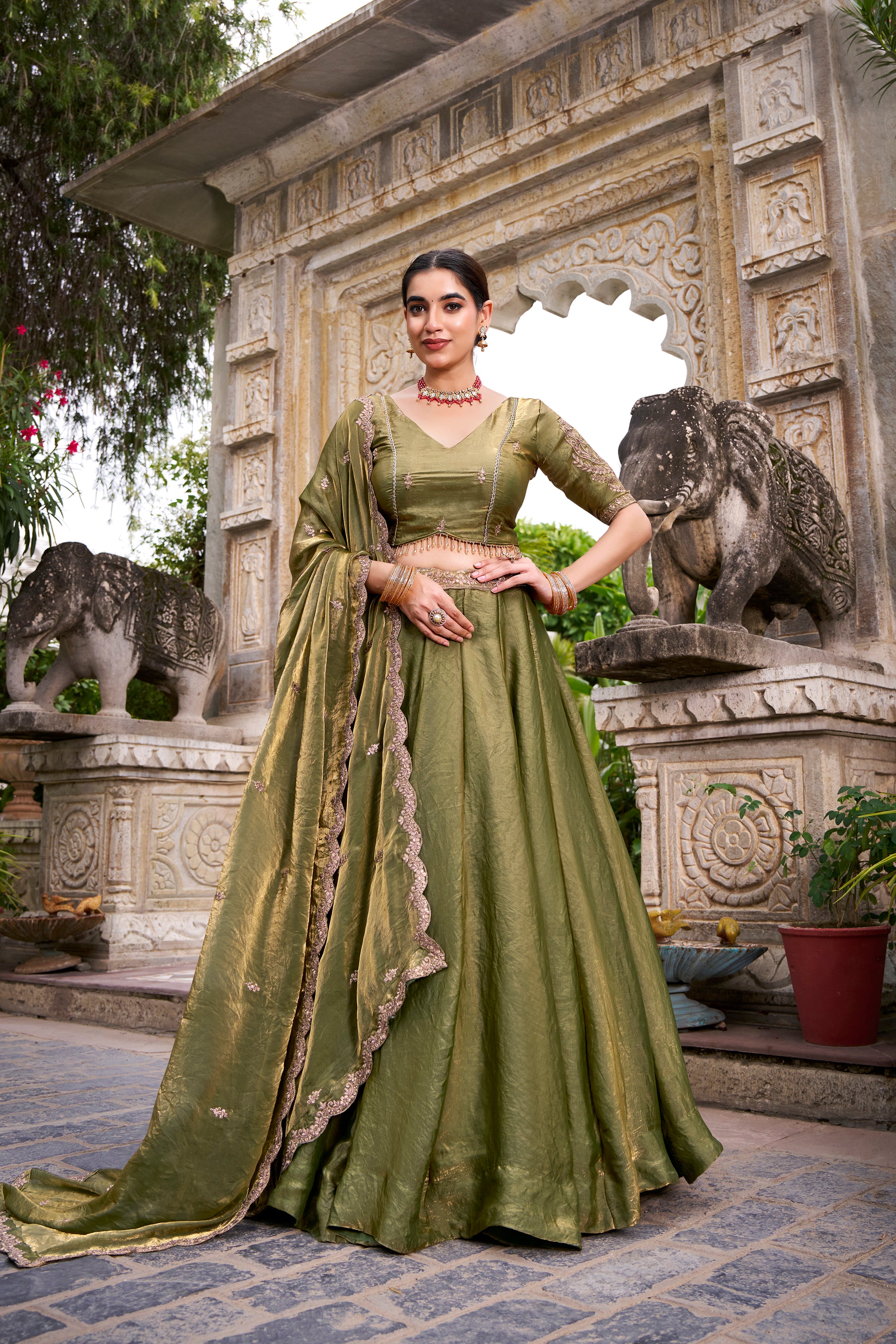 Designer Rose Gold Lehenga in Crushed Shimmer Fabric with an Embroidered