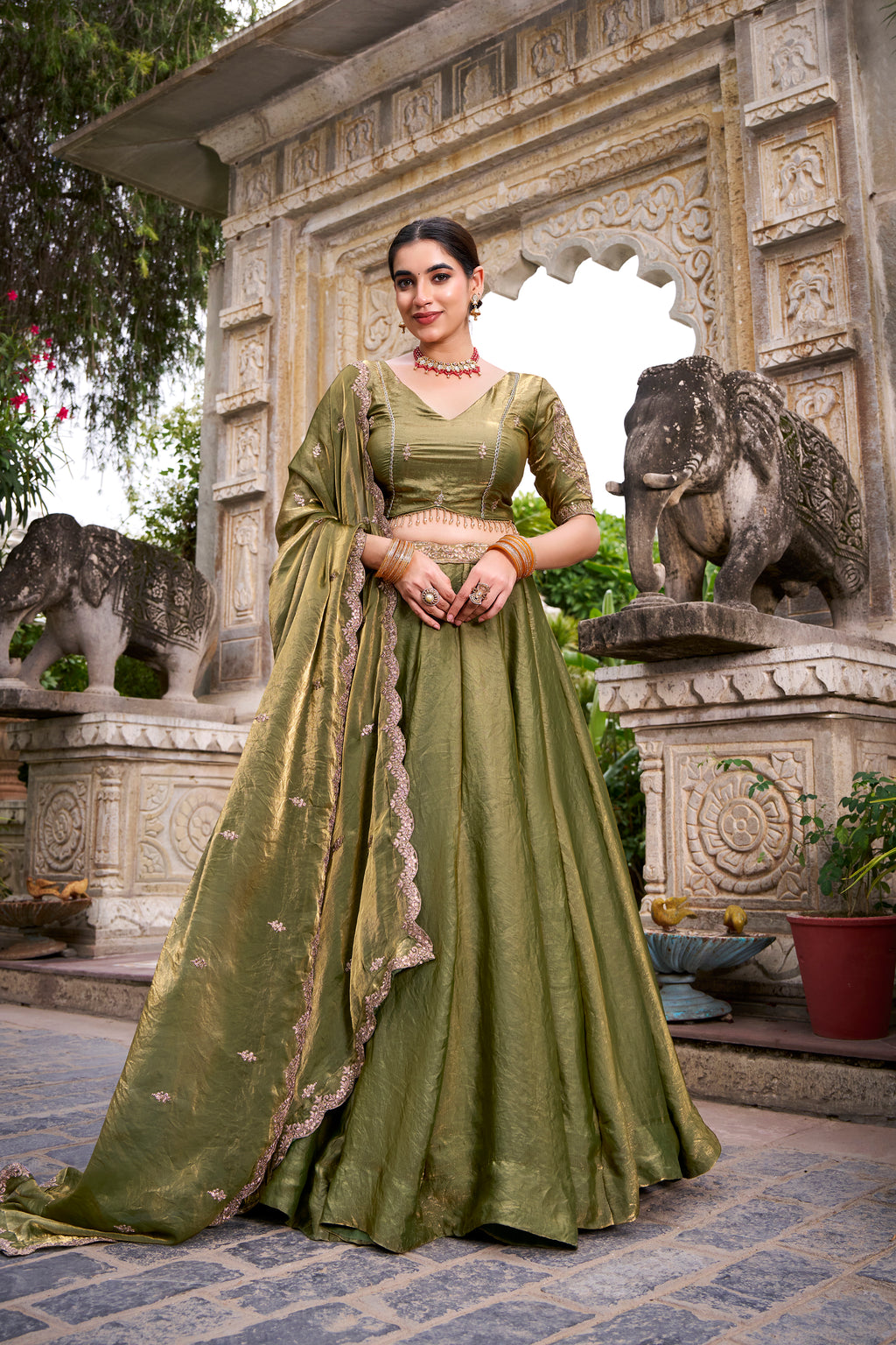Designer Rose Gold Lehenga in Crushed Shimmer Fabric with an Embroidered