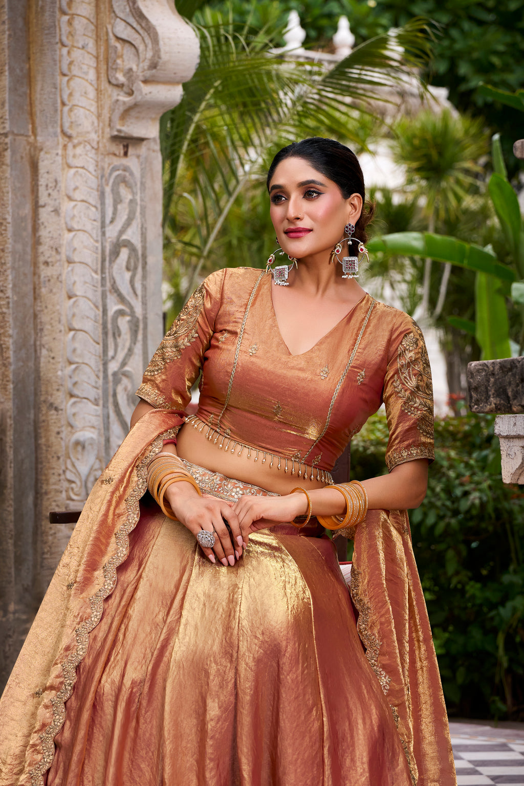 Designer Rose Gold Lehenga in Crushed Shimmer Fabric with an Embroidered