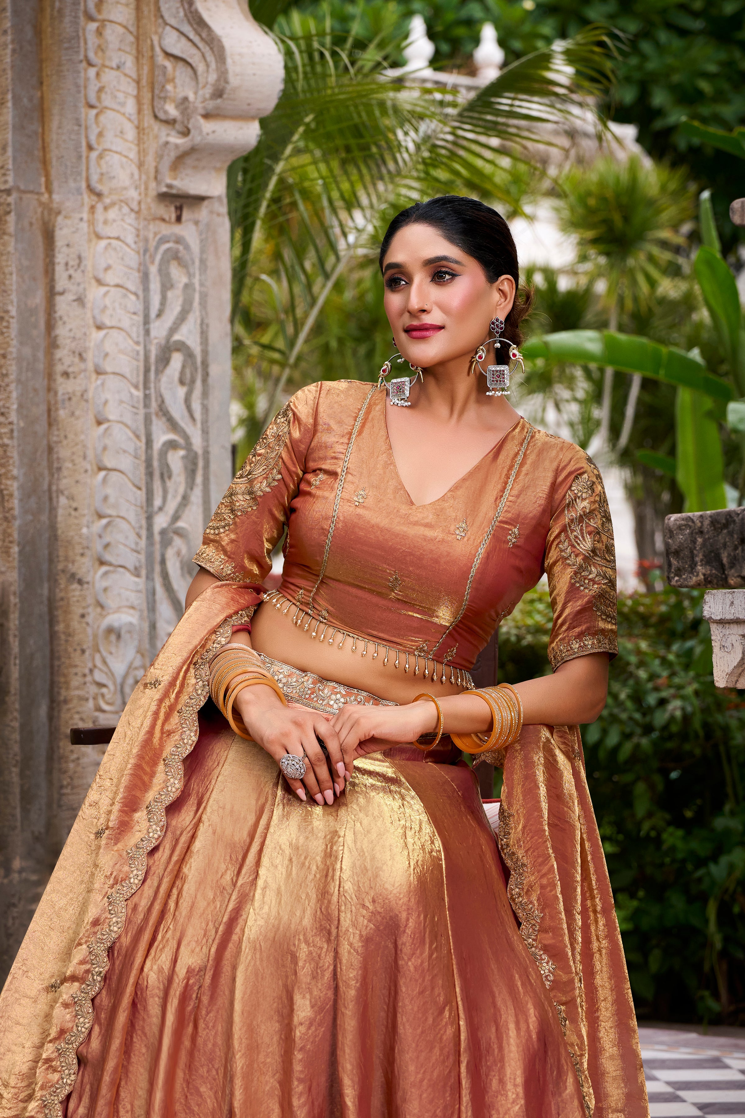 Designer Rose Gold Lehenga in Crushed Shimmer Fabric with an Embroidered