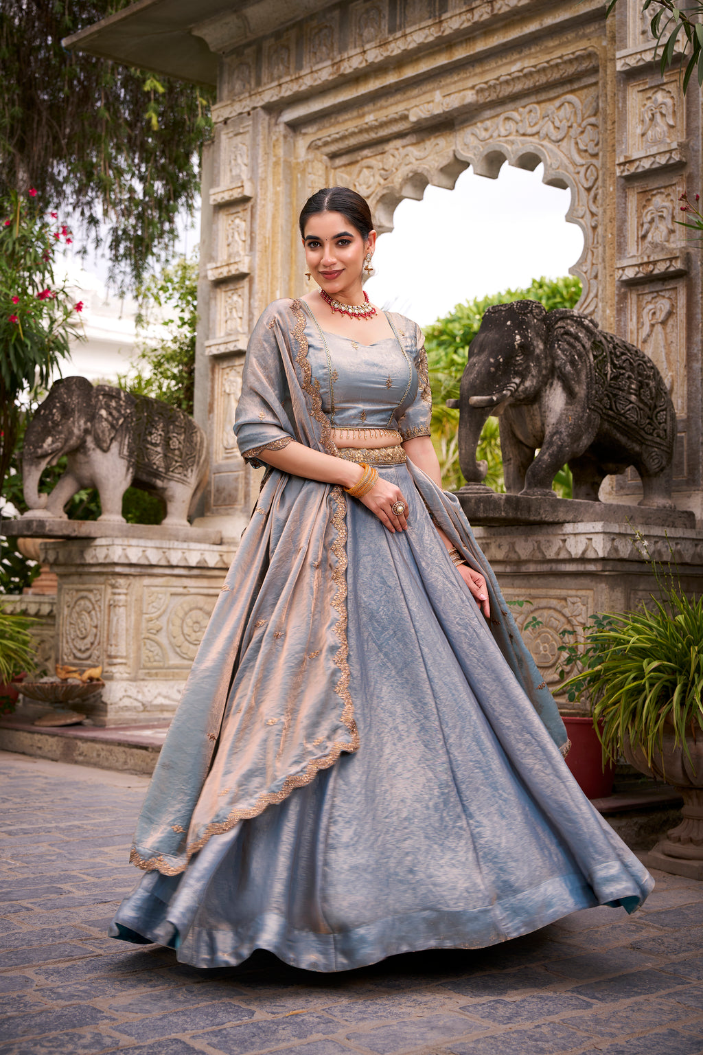 Designer Rose Gold Lehenga in Crushed Shimmer Fabric with an Embroidered