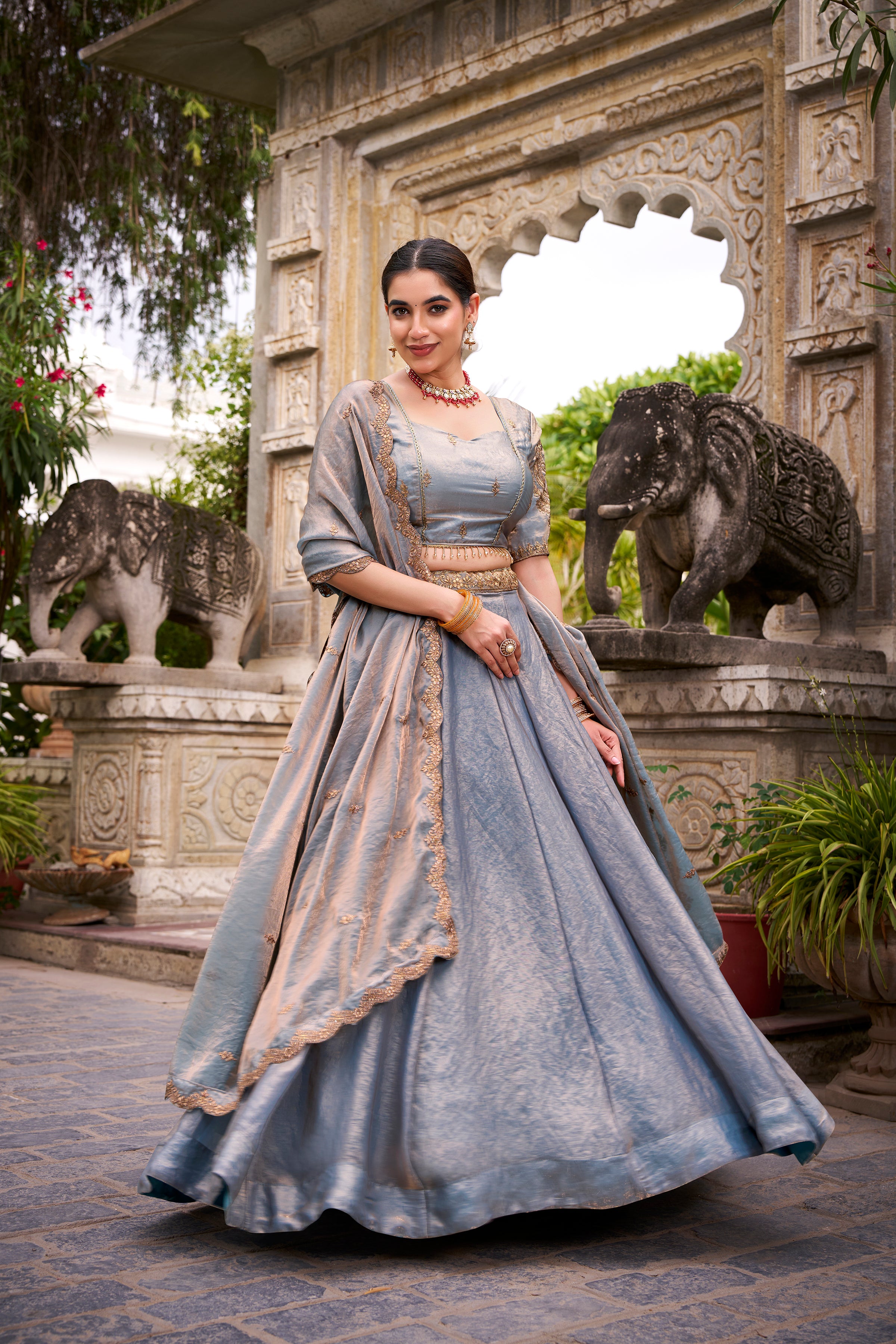 Designer Rose Gold Lehenga in Crushed Shimmer Fabric with an Embroidered