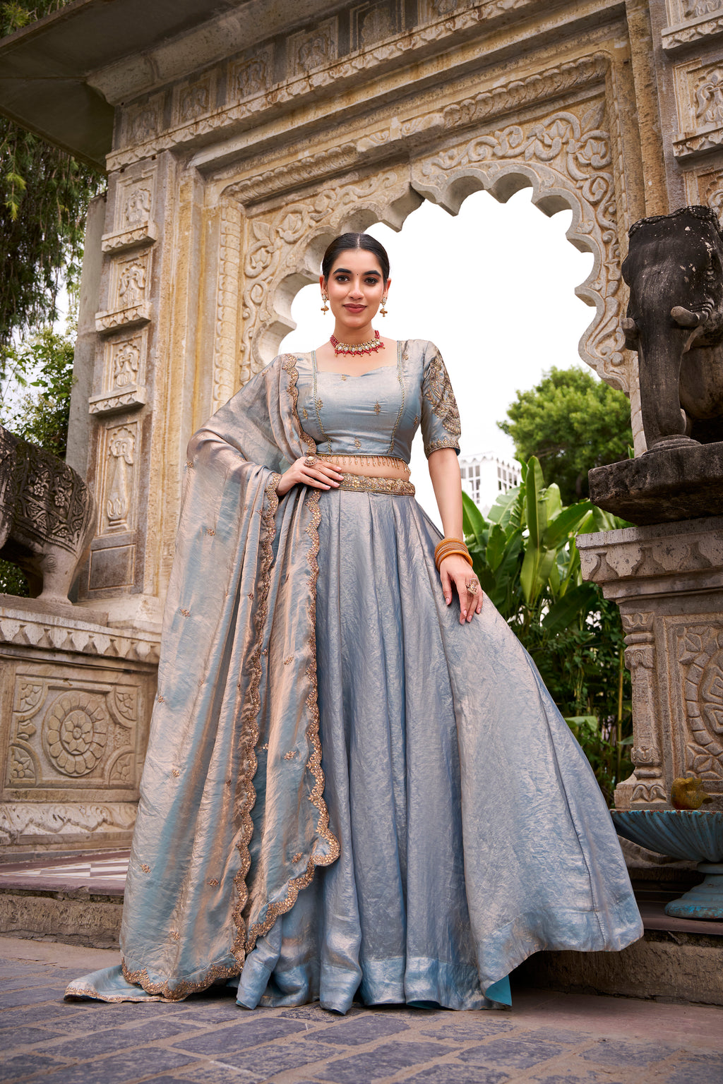 Designer Rose Gold Lehenga in Crushed Shimmer Fabric with an Embroidered