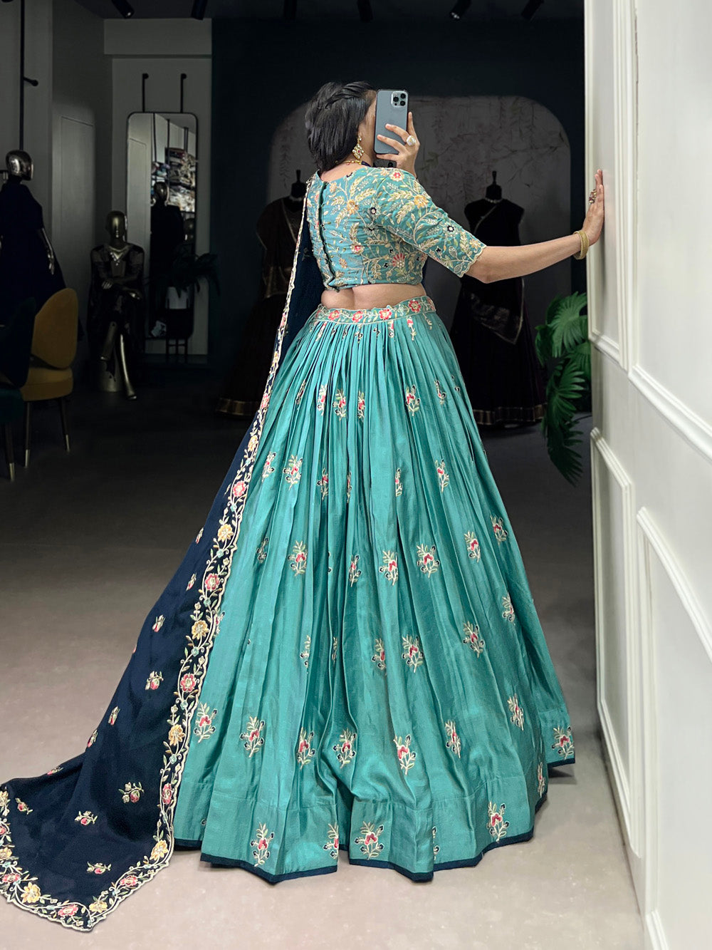 Elegant Sky Blue and Navy Blue Embroidered Lehenga Choli