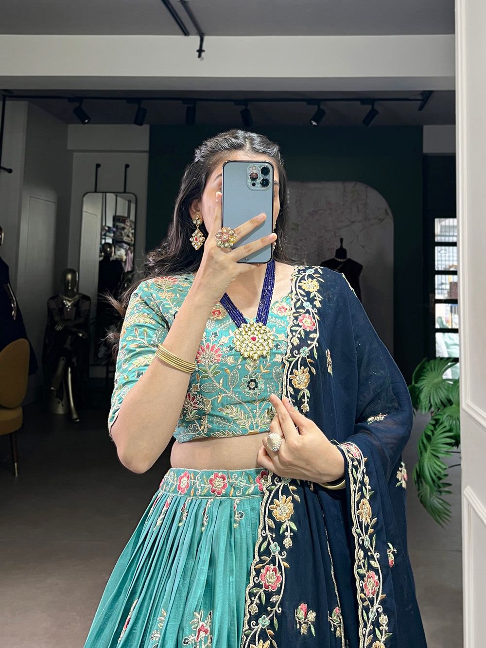 Elegant Sky Blue and Navy Blue Embroidered Lehenga Choli