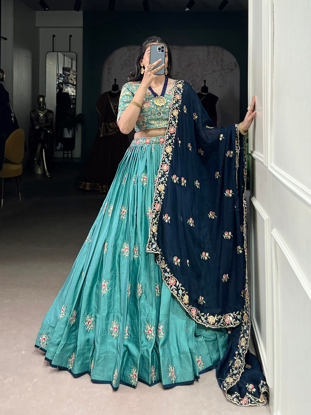 Elegant Sky Blue and Navy Blue Embroidered Lehenga Choli