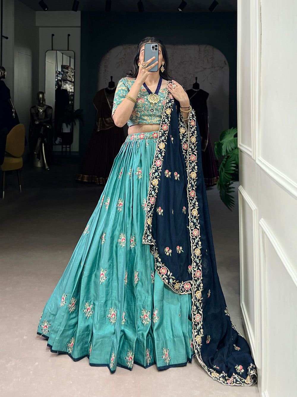 Elegant Sky Blue and Navy Blue Embroidered Lehenga Choli