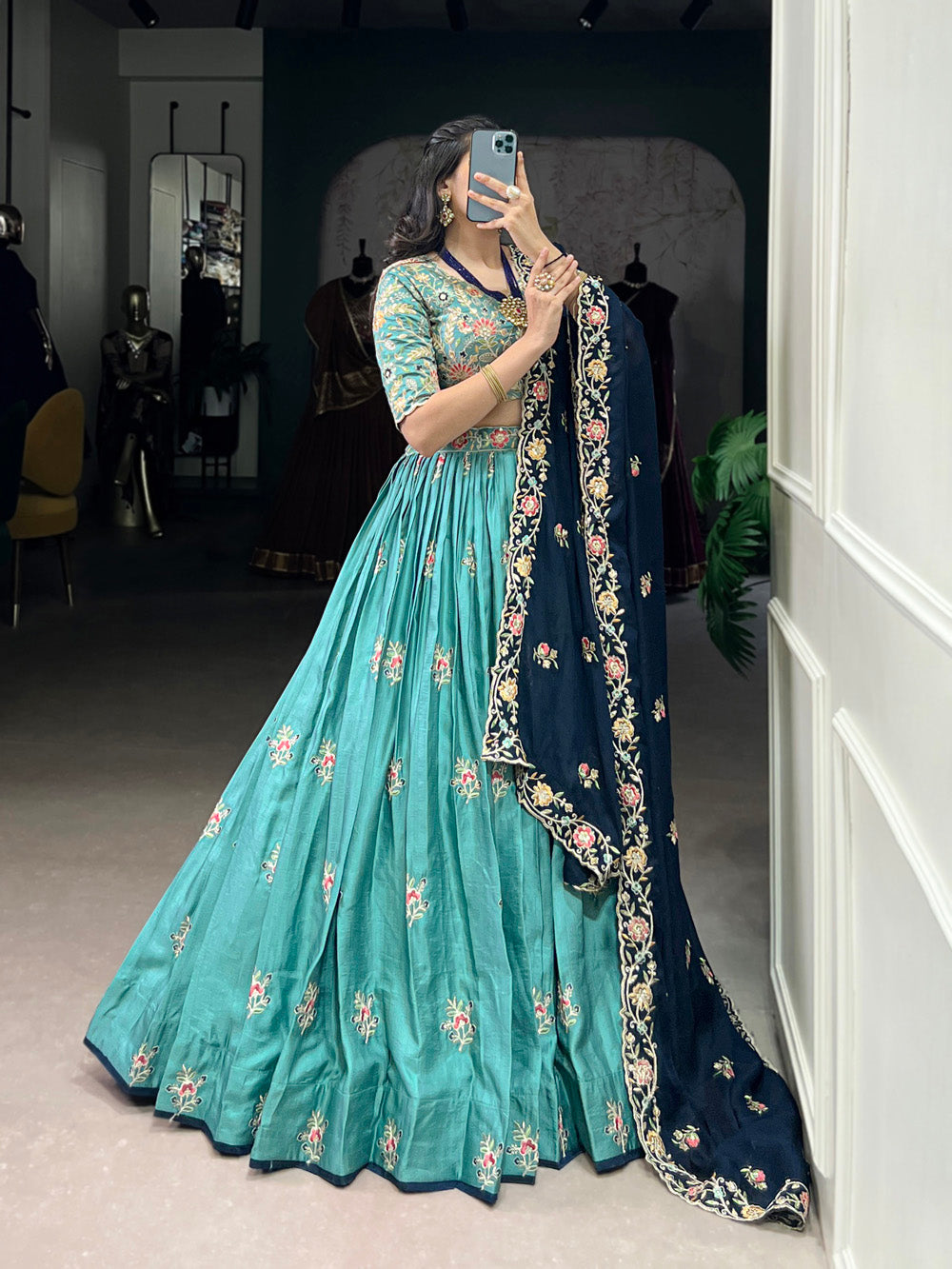 Elegant Sky Blue and Navy Blue Embroidered Lehenga Choli