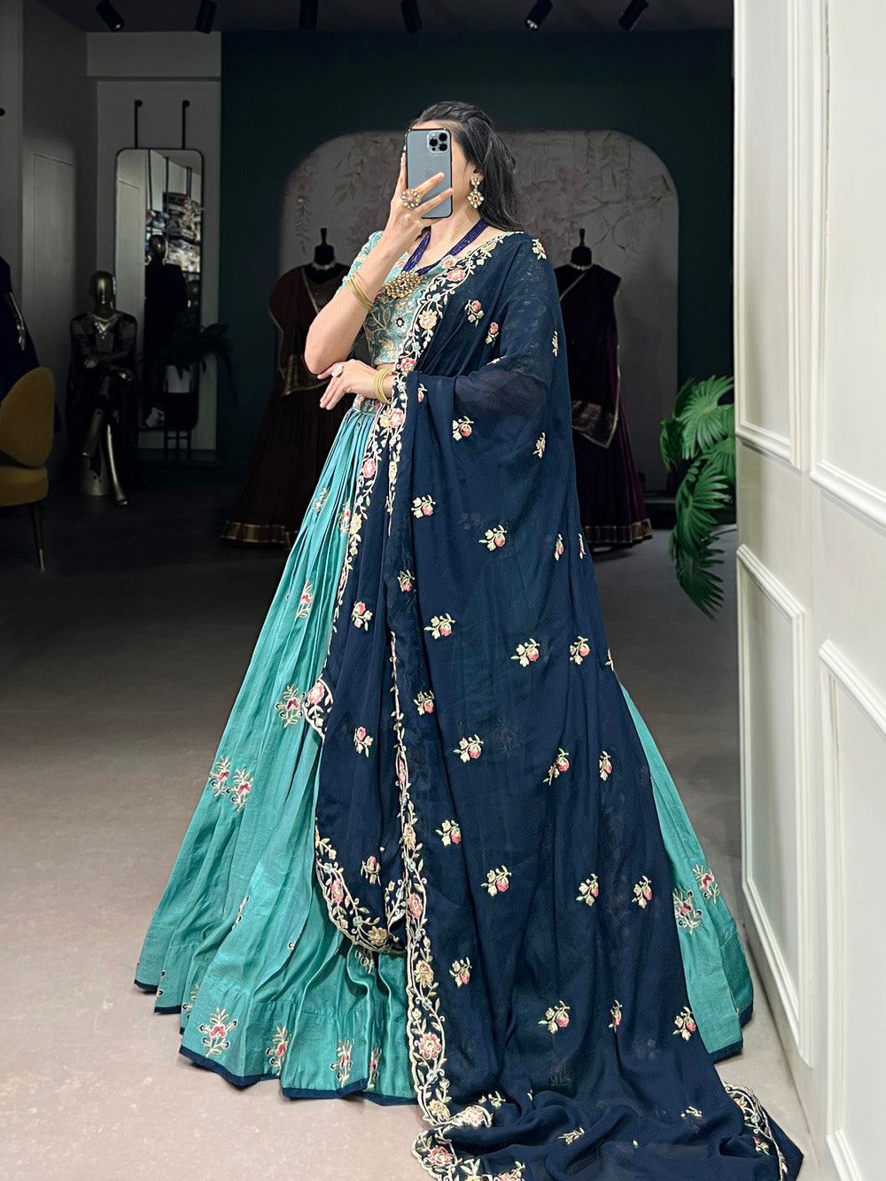 Elegant Sky Blue and Navy Blue Embroidered Lehenga Choli