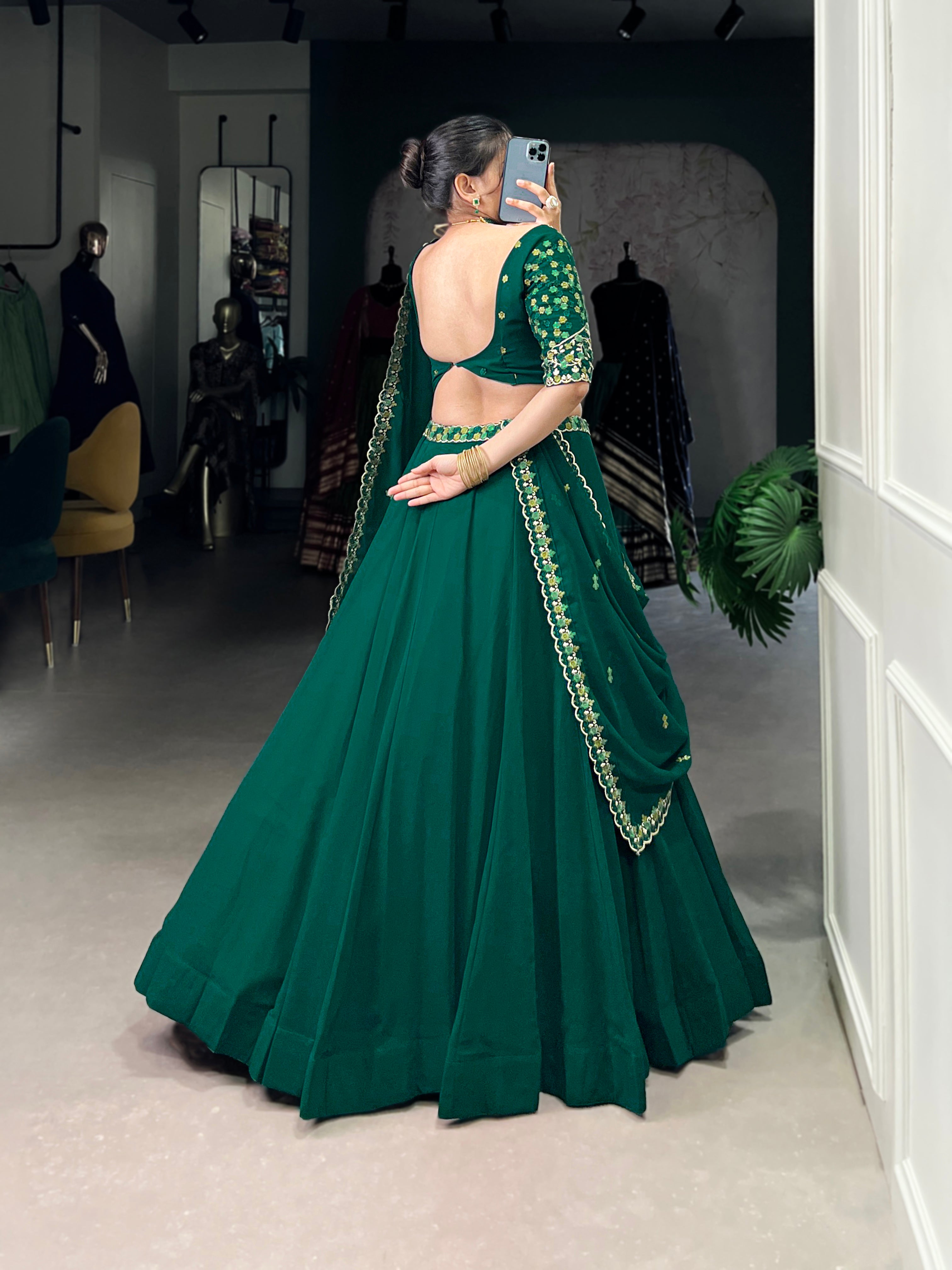 Designer Bottle Green Lehenga with a Pre-draped Dupatta featuring a Scalloped Embroidered Border