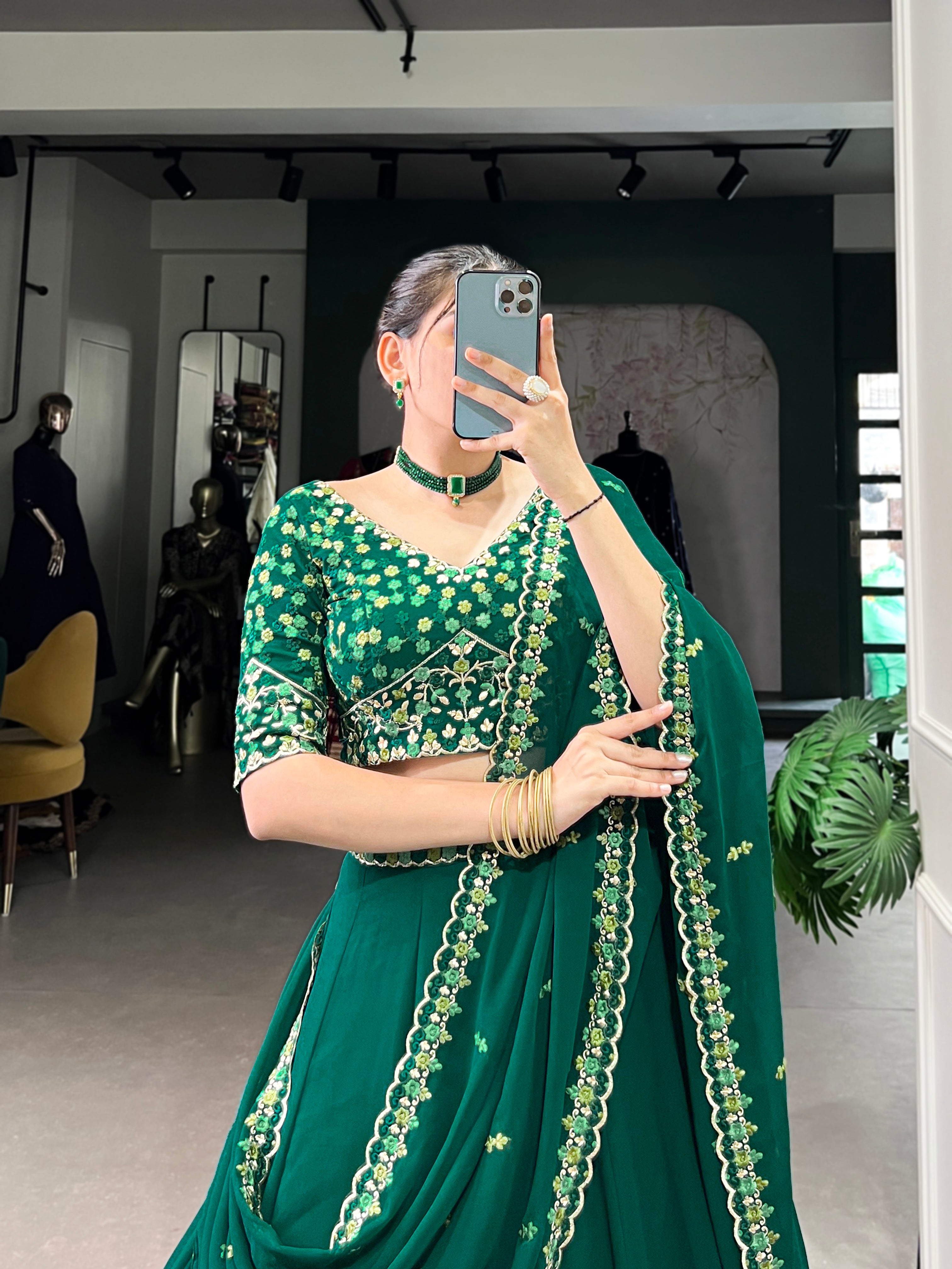 Designer Bottle Green Lehenga with a Pre-draped Dupatta featuring a Scalloped Embroidered Border
