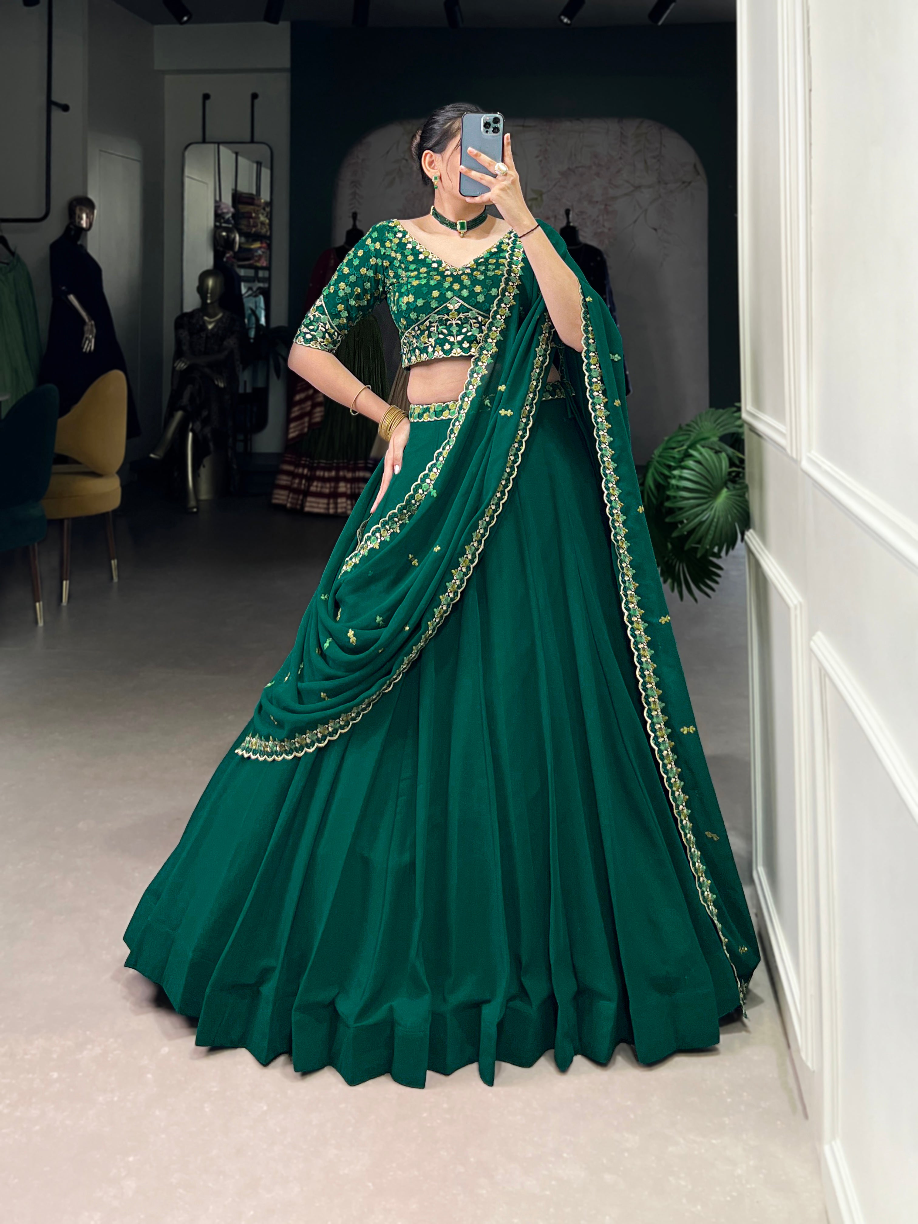 Designer Bottle Green Lehenga with a Pre-draped Dupatta featuring a Scalloped Embroidered Border