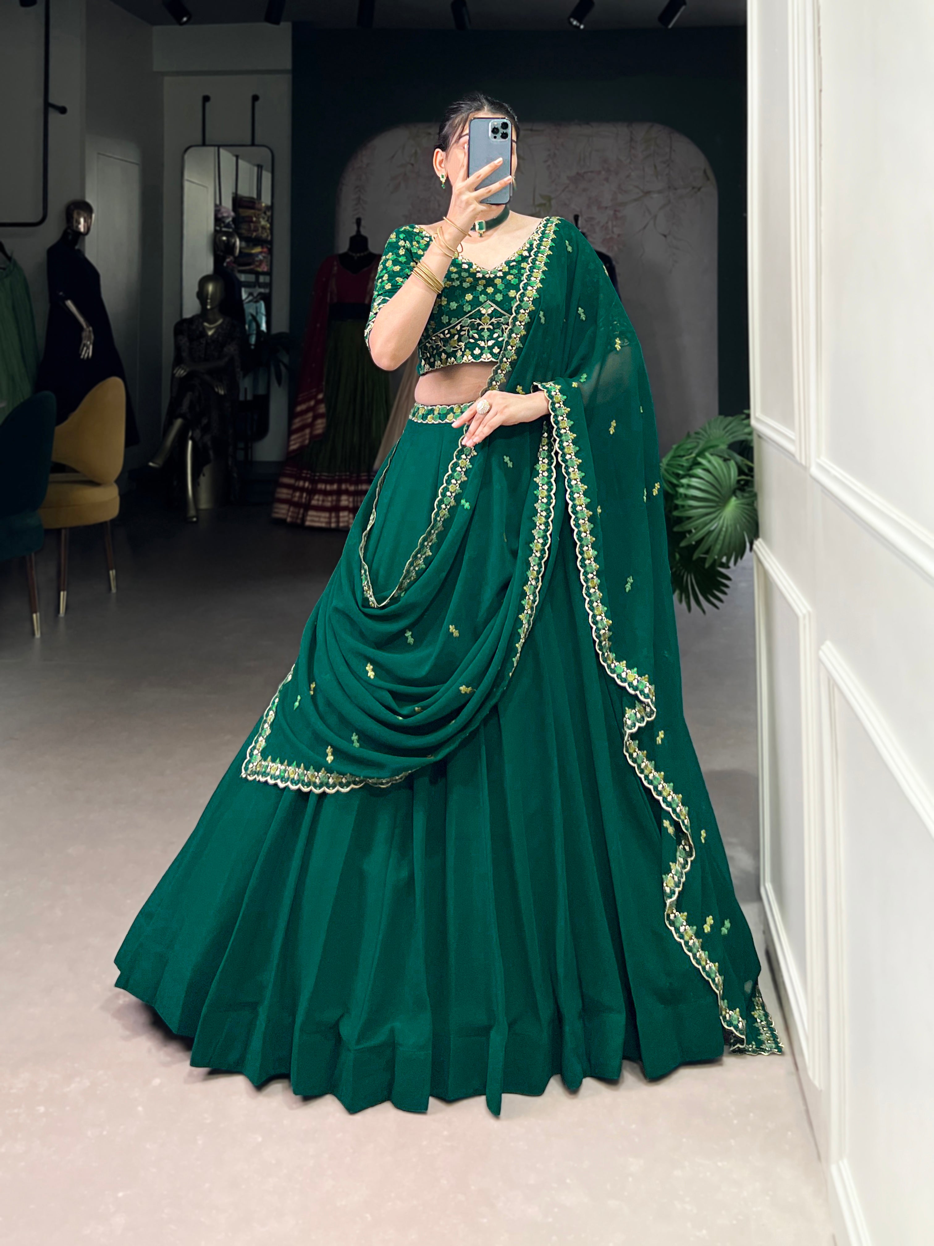 Designer Bottle Green Lehenga with a Pre-draped Dupatta featuring a Scalloped Embroidered Border