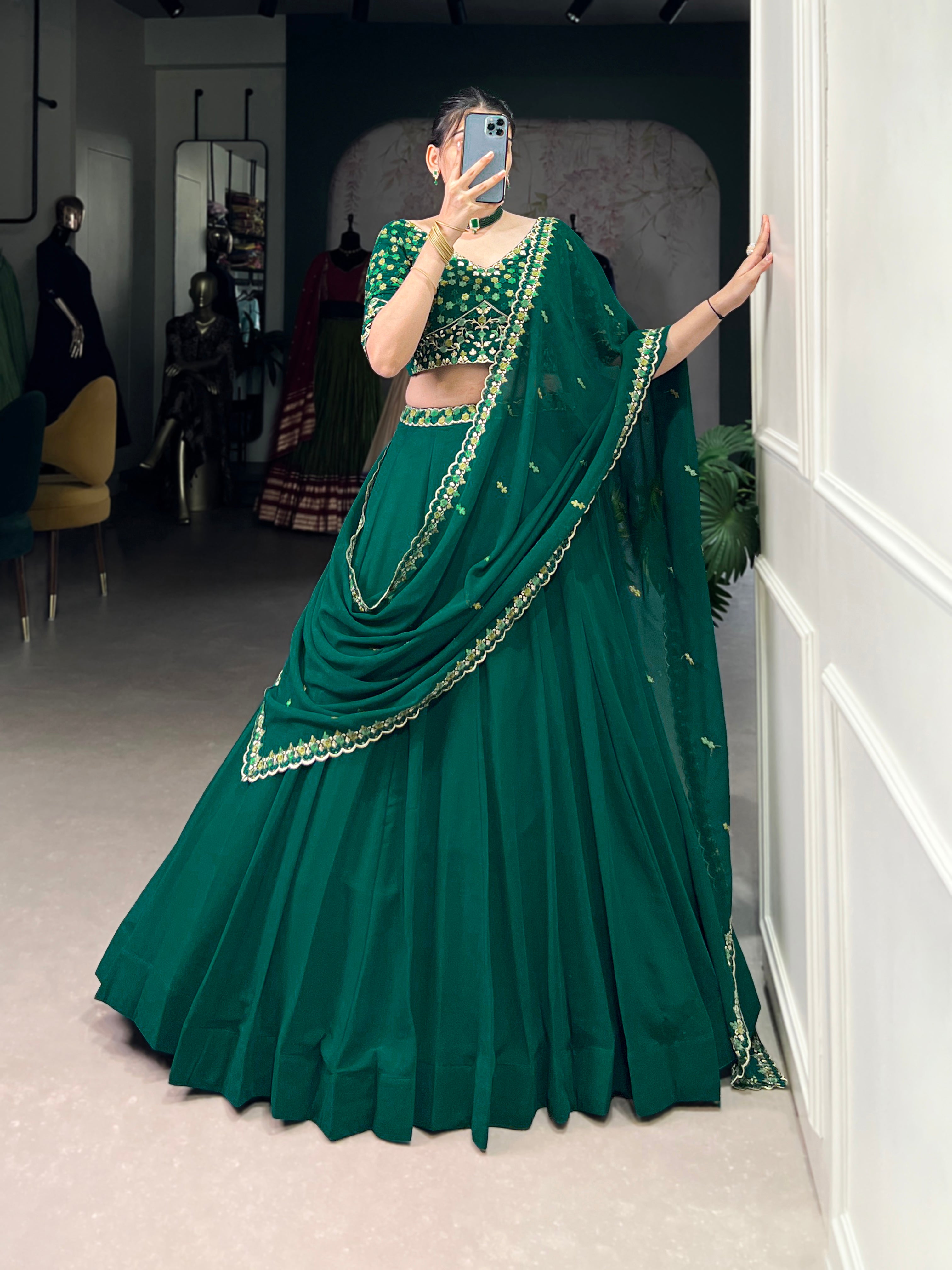 Designer Bottle Green Lehenga with a Pre-draped Dupatta featuring a Scalloped Embroidered Border