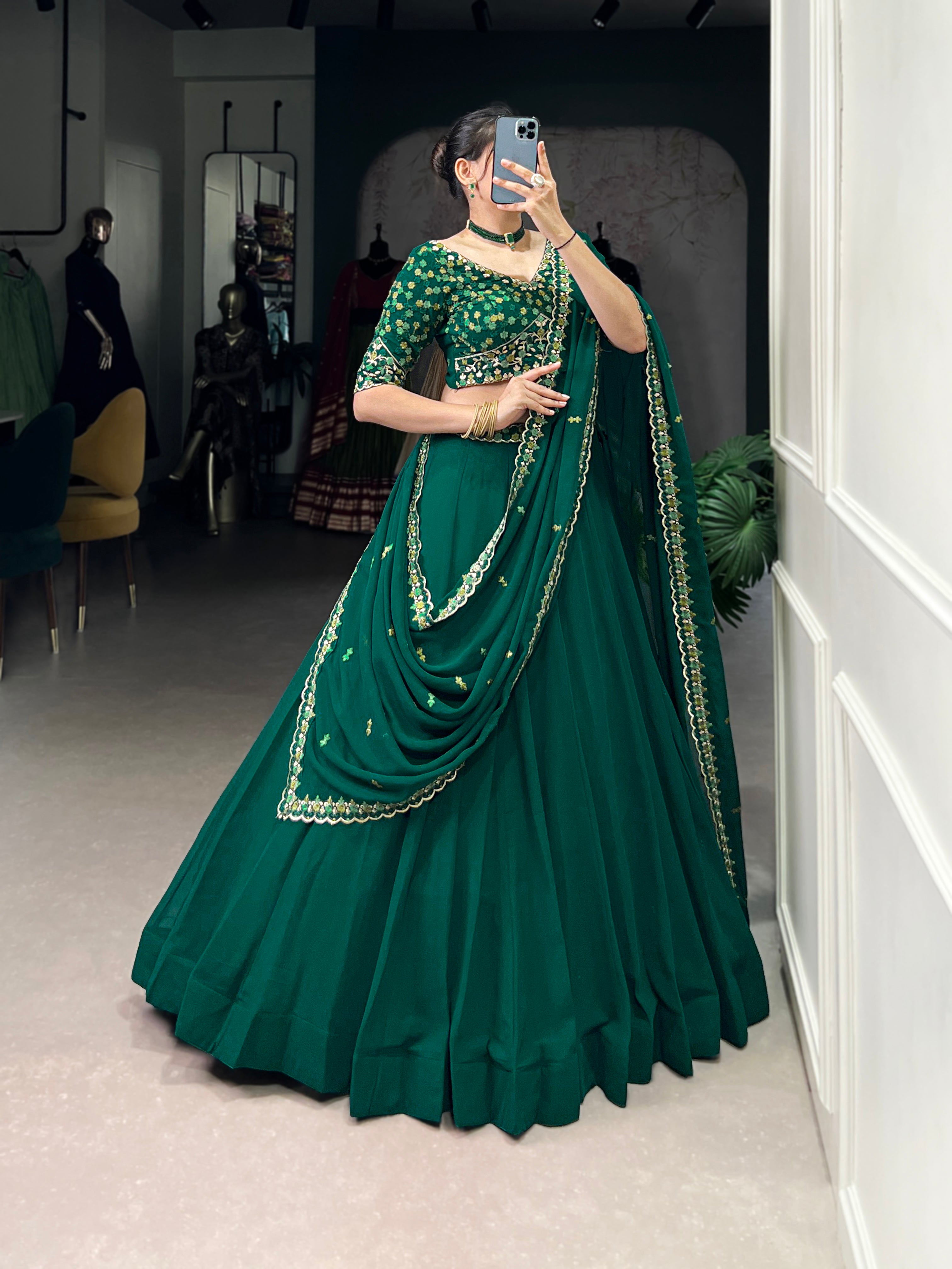Designer Bottle Green Lehenga with a Pre-draped Dupatta featuring a Scalloped Embroidered Border