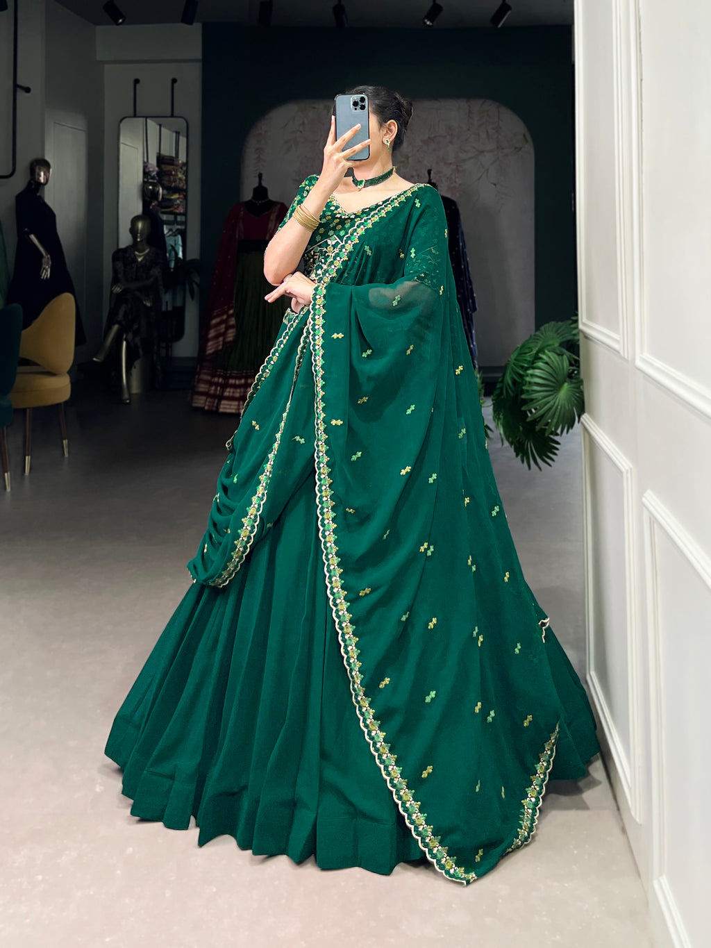 Designer Bottle Green Lehenga with a Pre-draped Dupatta featuring a Scalloped Embroidered Border