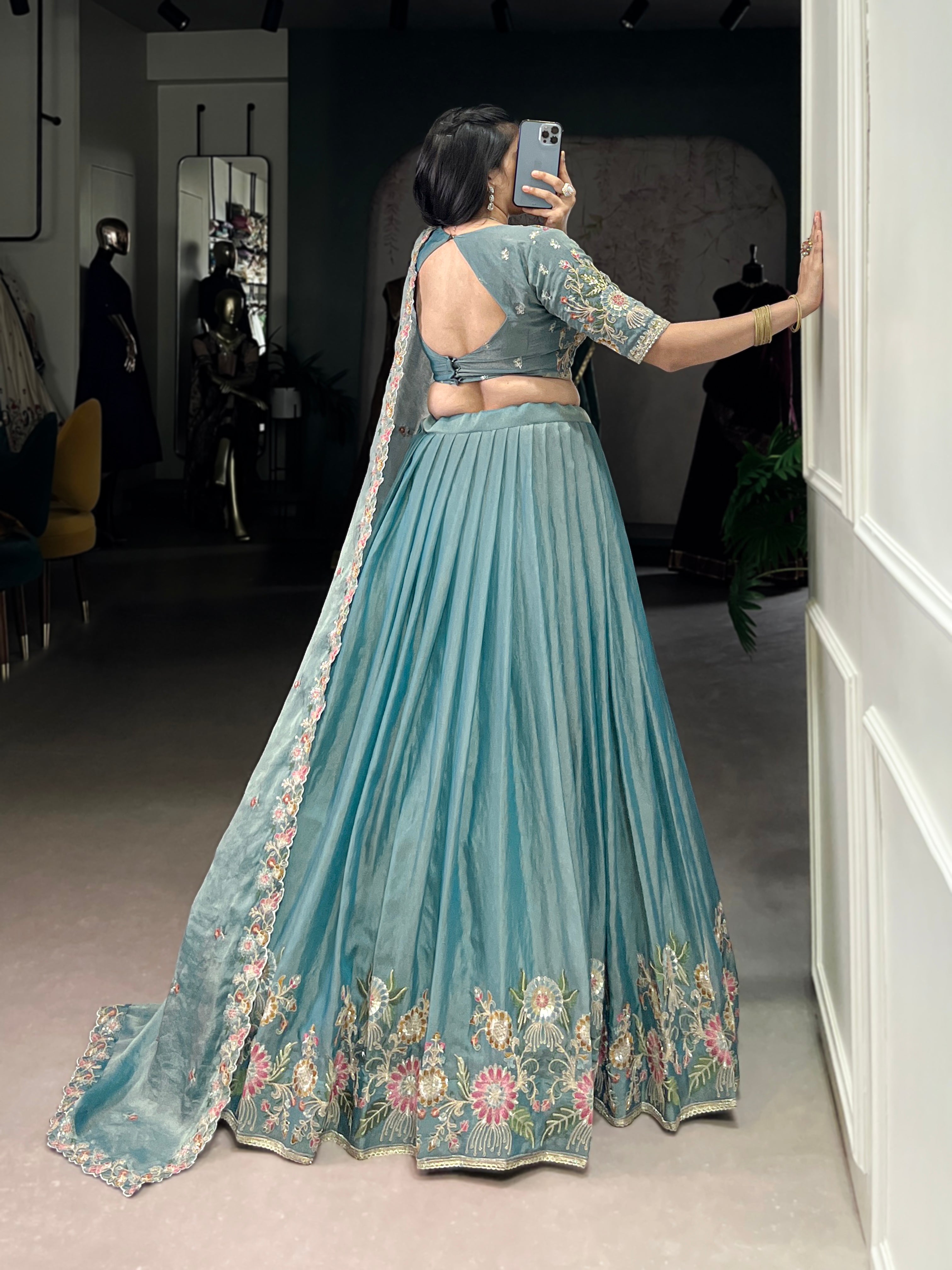 Elegant Powder Blue Lehenga with a Heavy Velvet Embroidered Dupatta