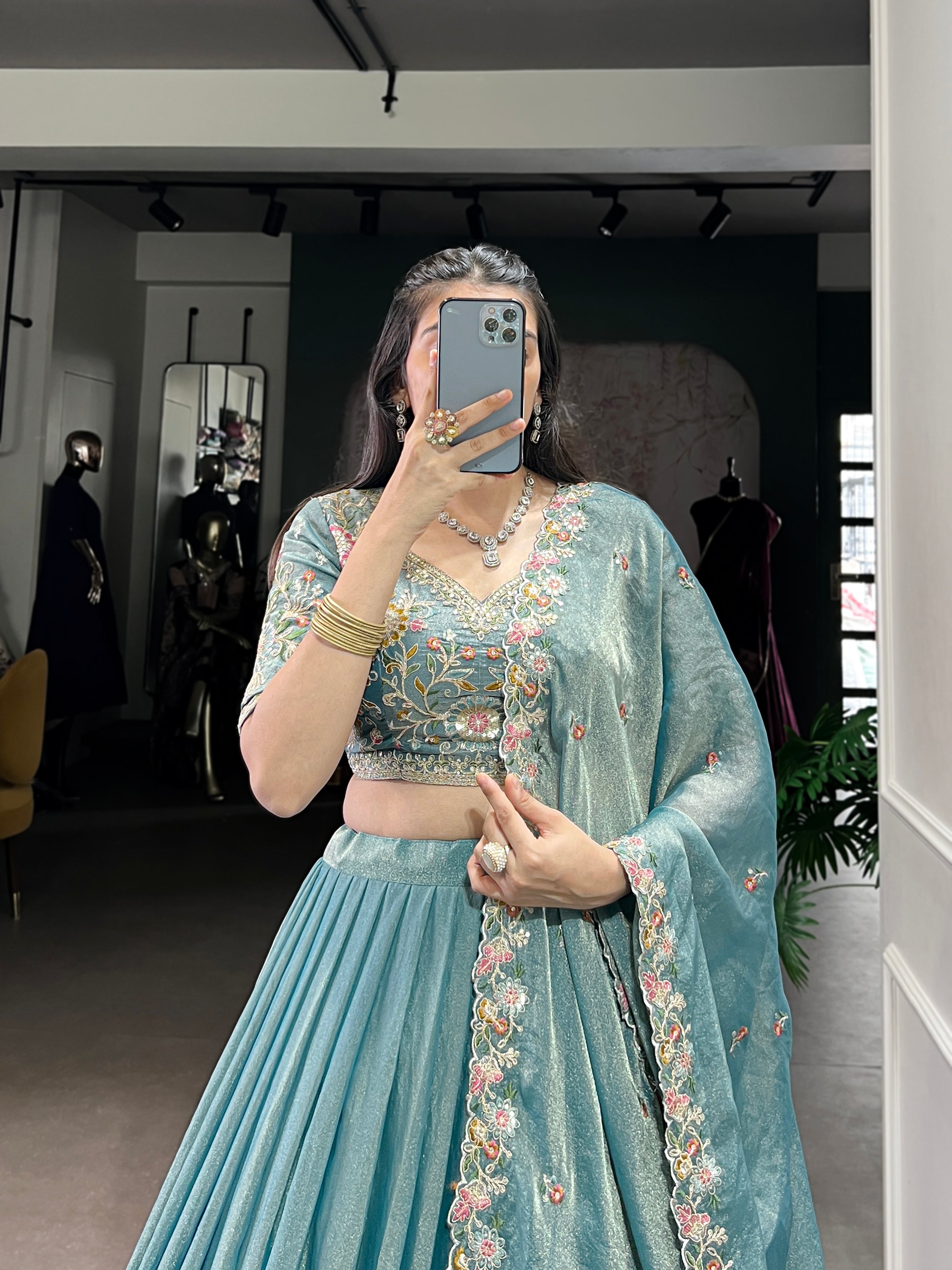 Elegant Powder Blue Lehenga with a Heavy Velvet Embroidered Dupatta