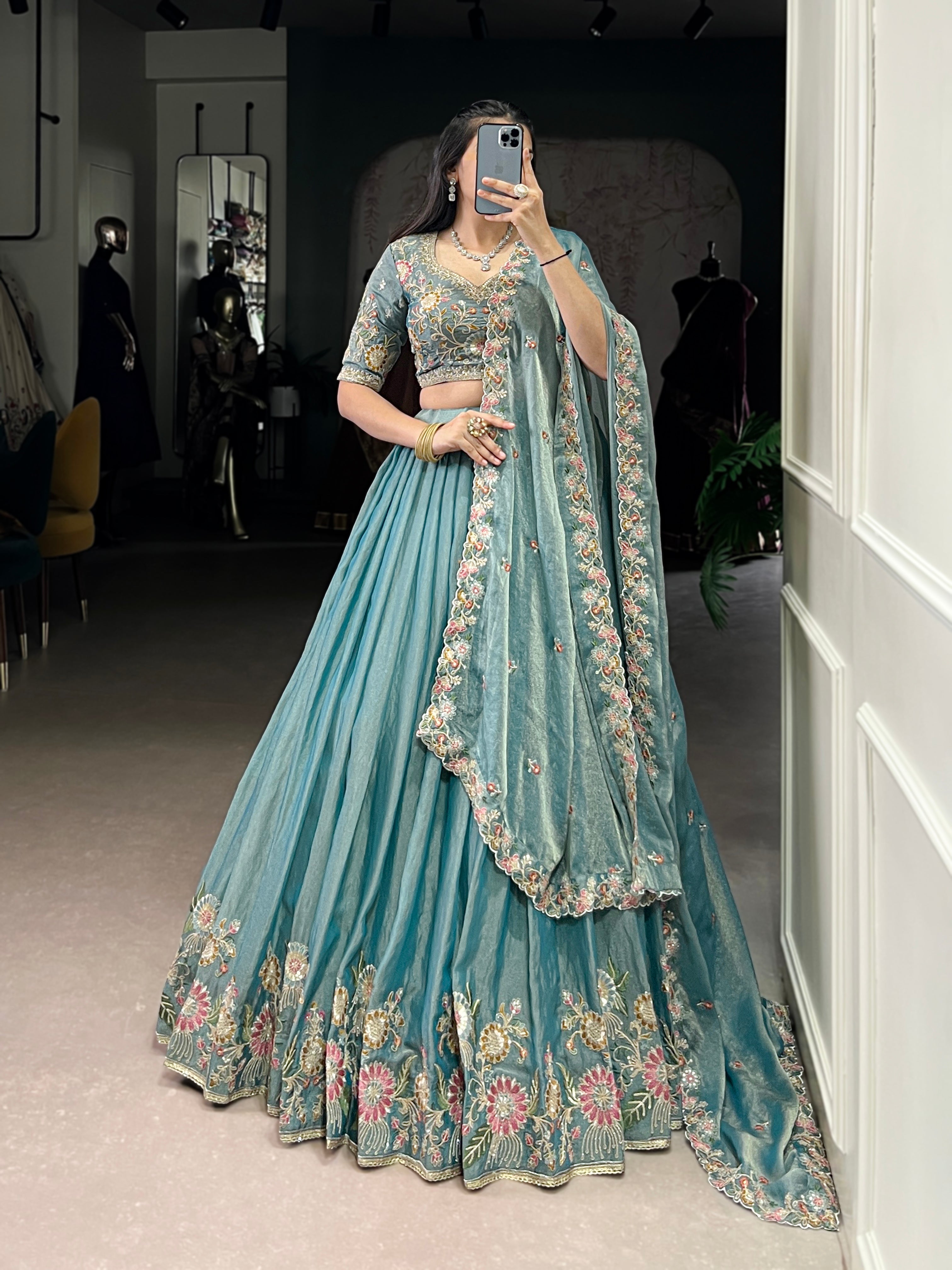 Elegant Powder Blue Lehenga with a Heavy Velvet Embroidered Dupatta