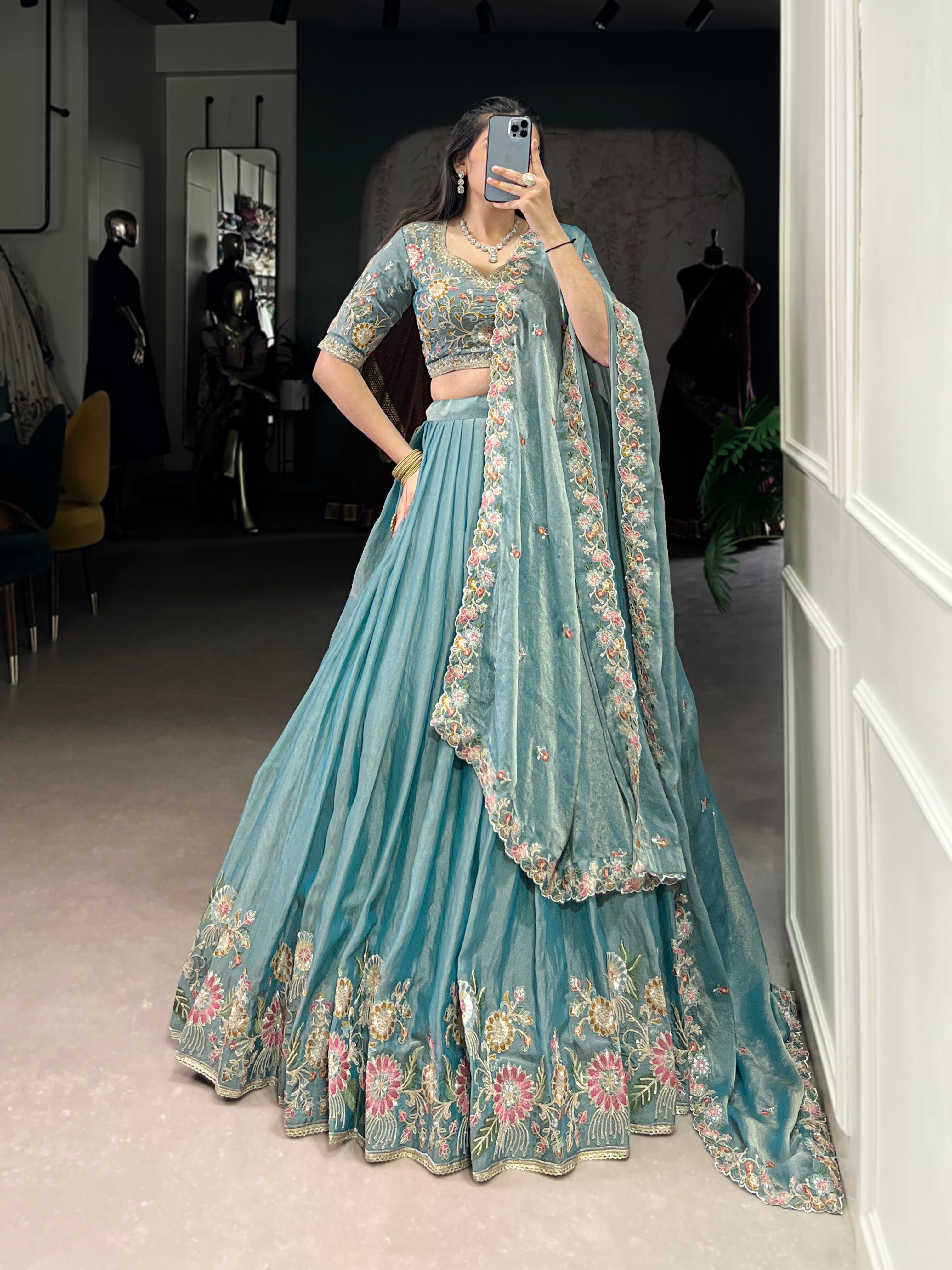 Elegant Powder Blue Lehenga with a Heavy Velvet Embroidered Dupatta