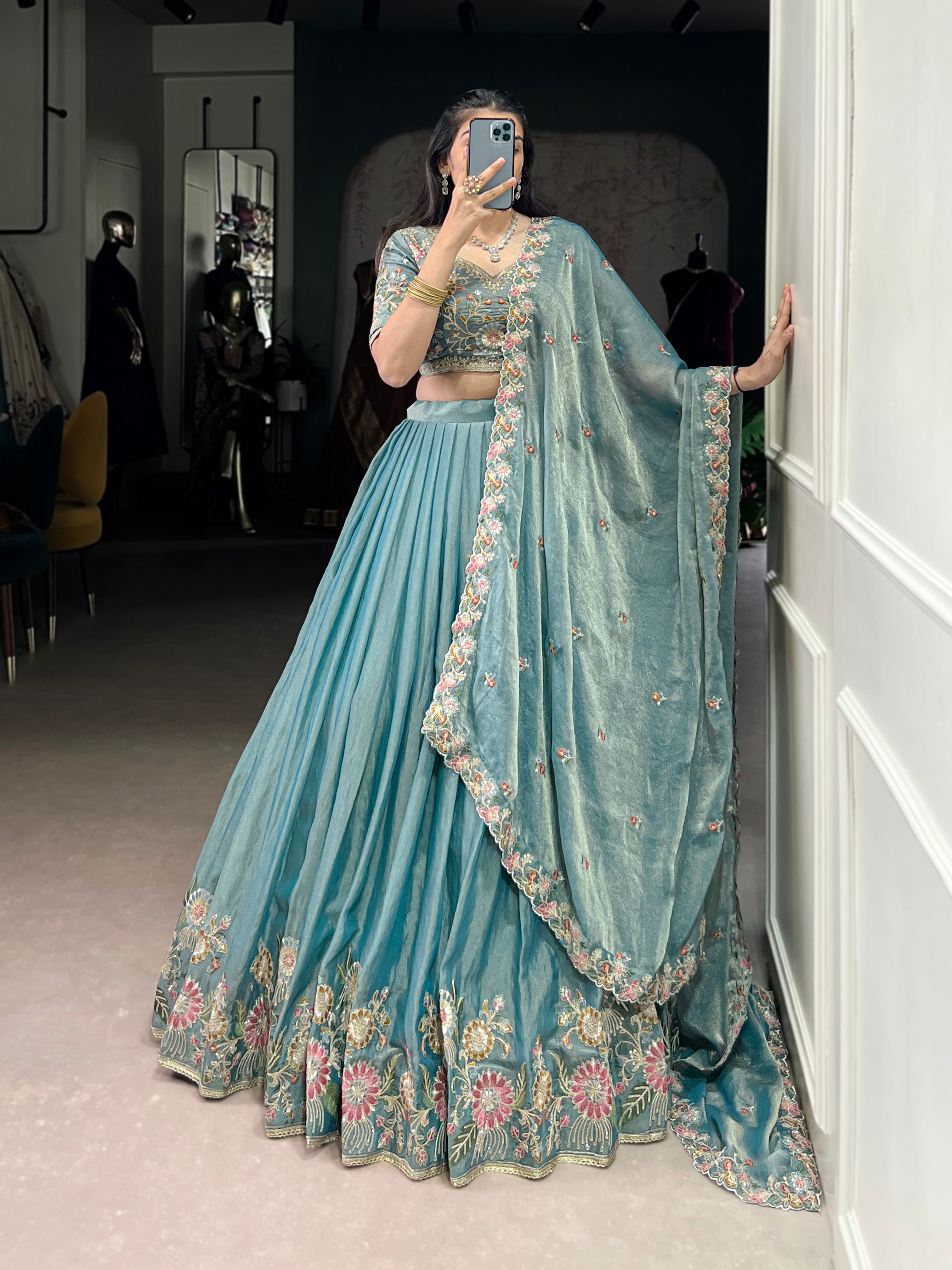 Elegant Powder Blue Lehenga with a Heavy Velvet Embroidered Dupatta