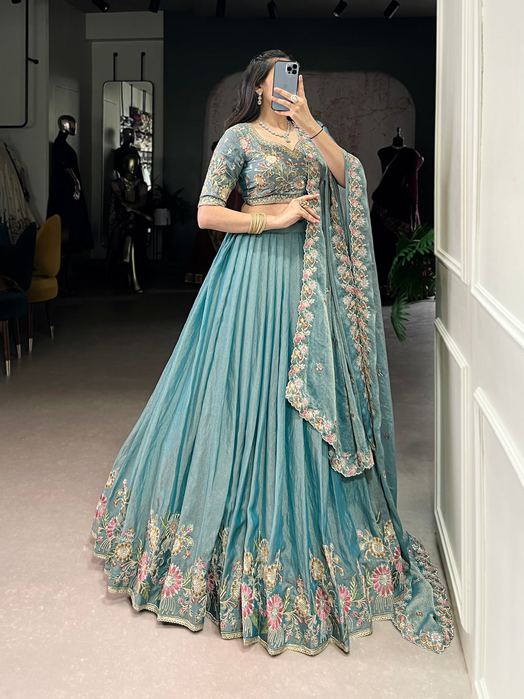 Elegant Powder Blue Lehenga with a Heavy Velvet Embroidered Dupatta