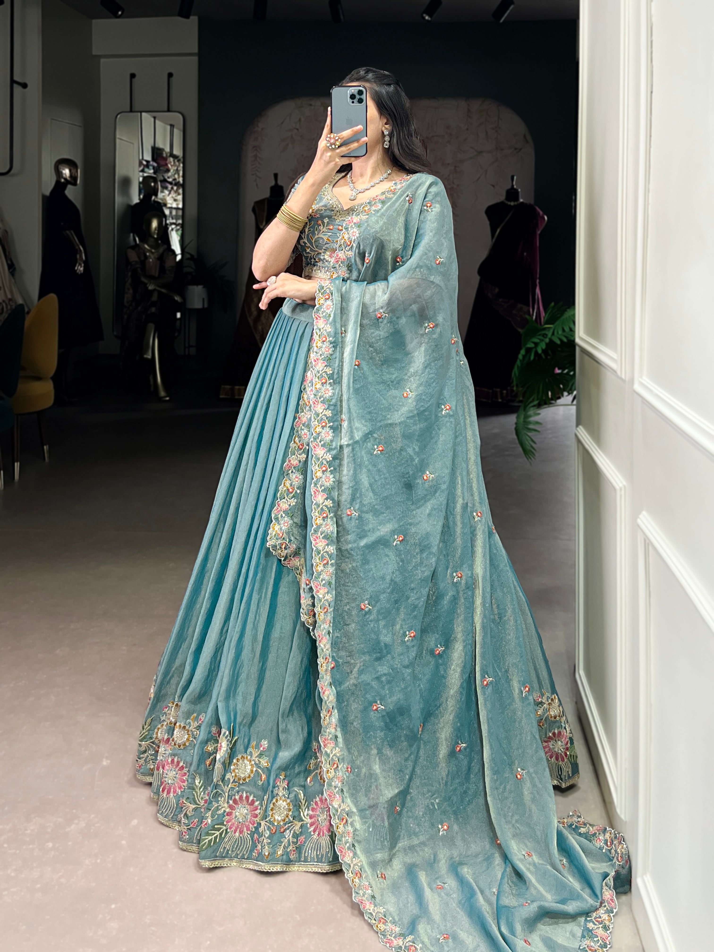 Elegant Powder Blue Lehenga with a Heavy Velvet Embroidered Dupatta