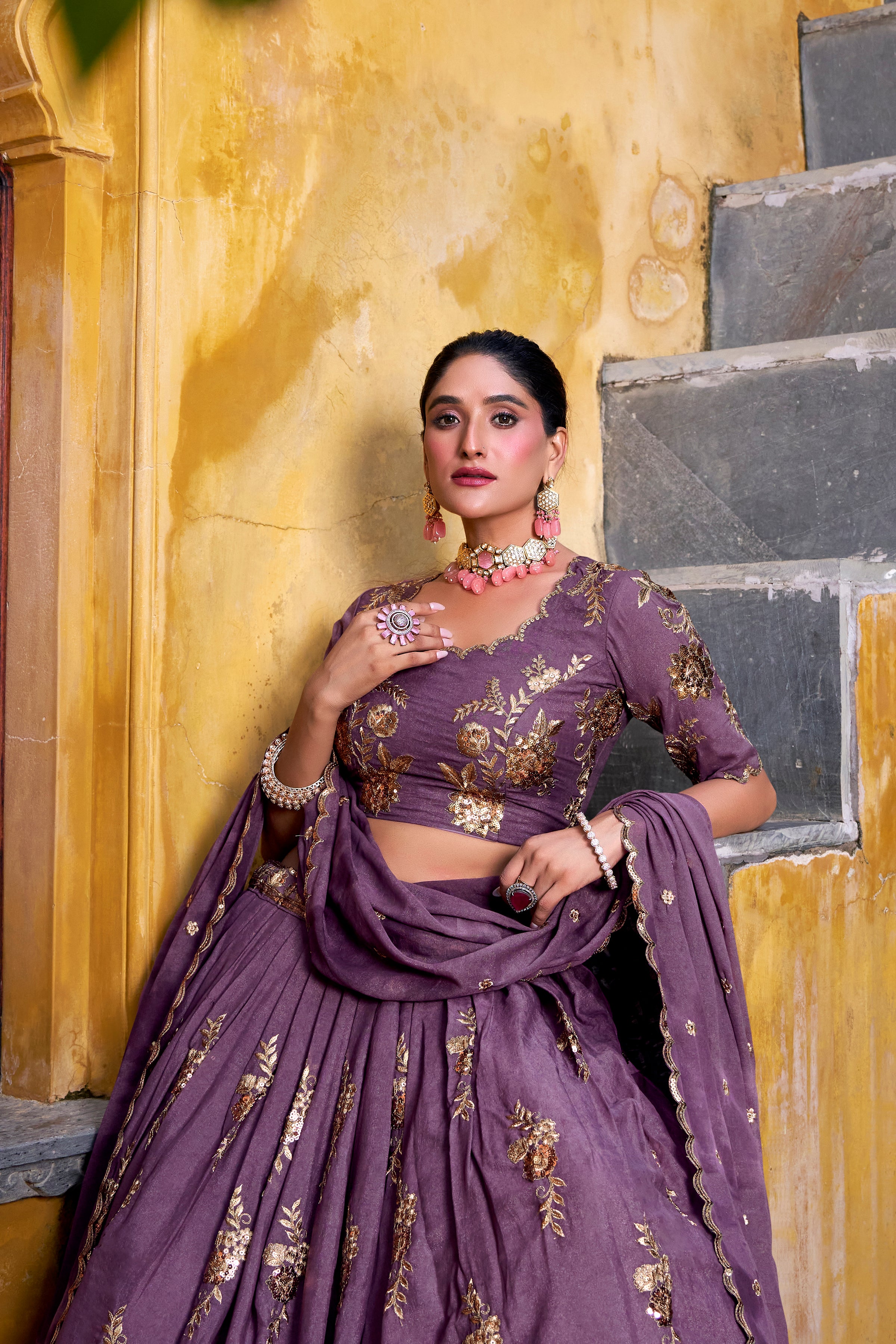 Regal Mauve Lehenga Choli with Golden Embroidery