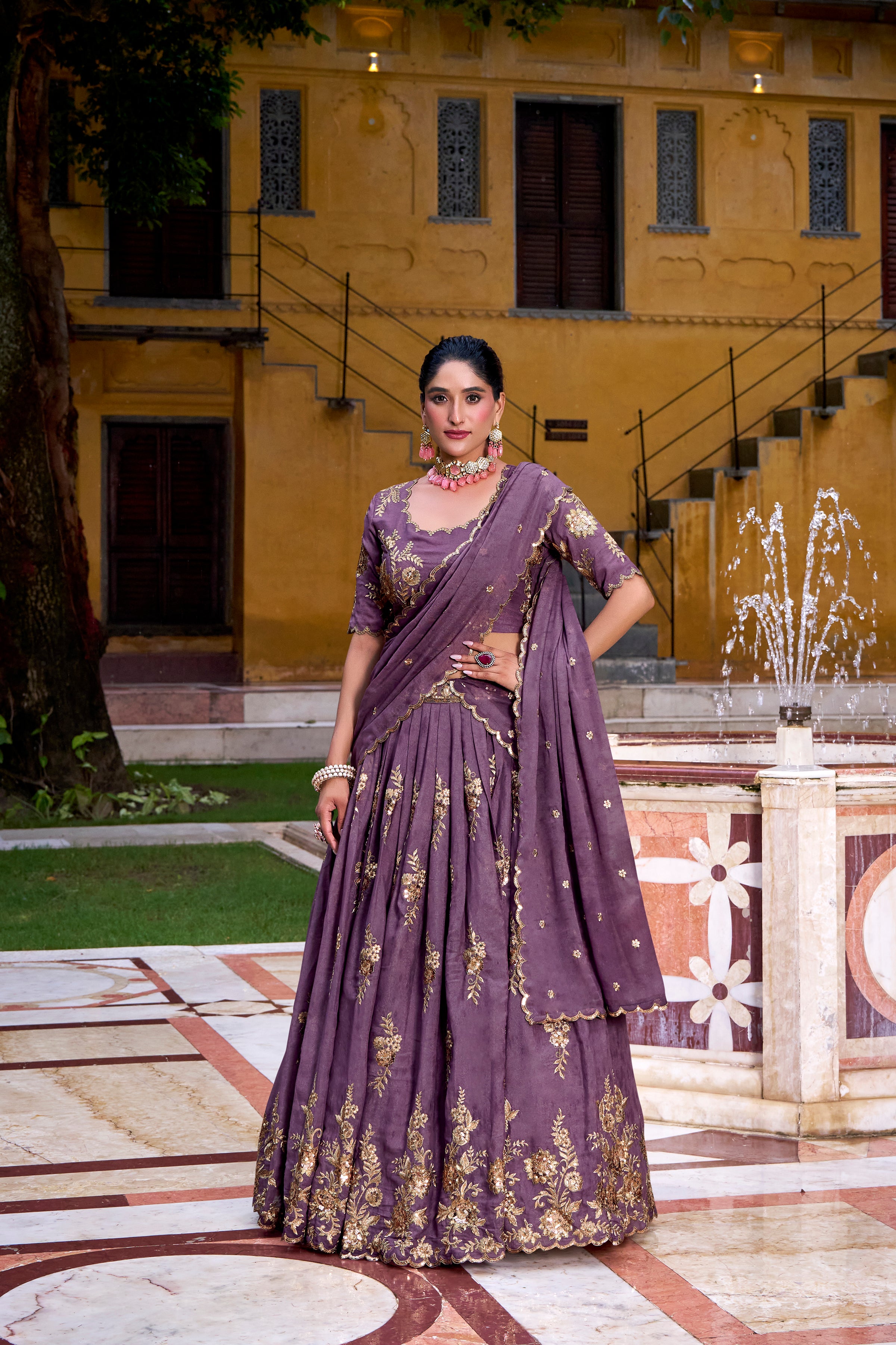 Regal Mauve Lehenga Choli with Golden Embroidery