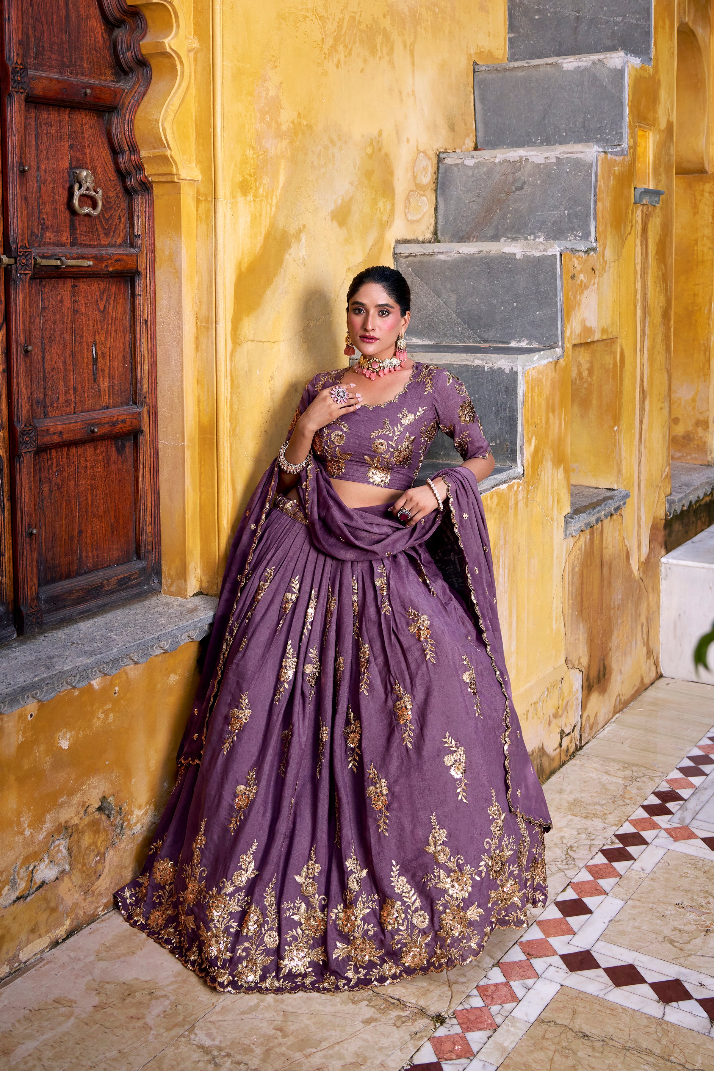 Regal Mauve Lehenga Choli with Golden Embroidery
