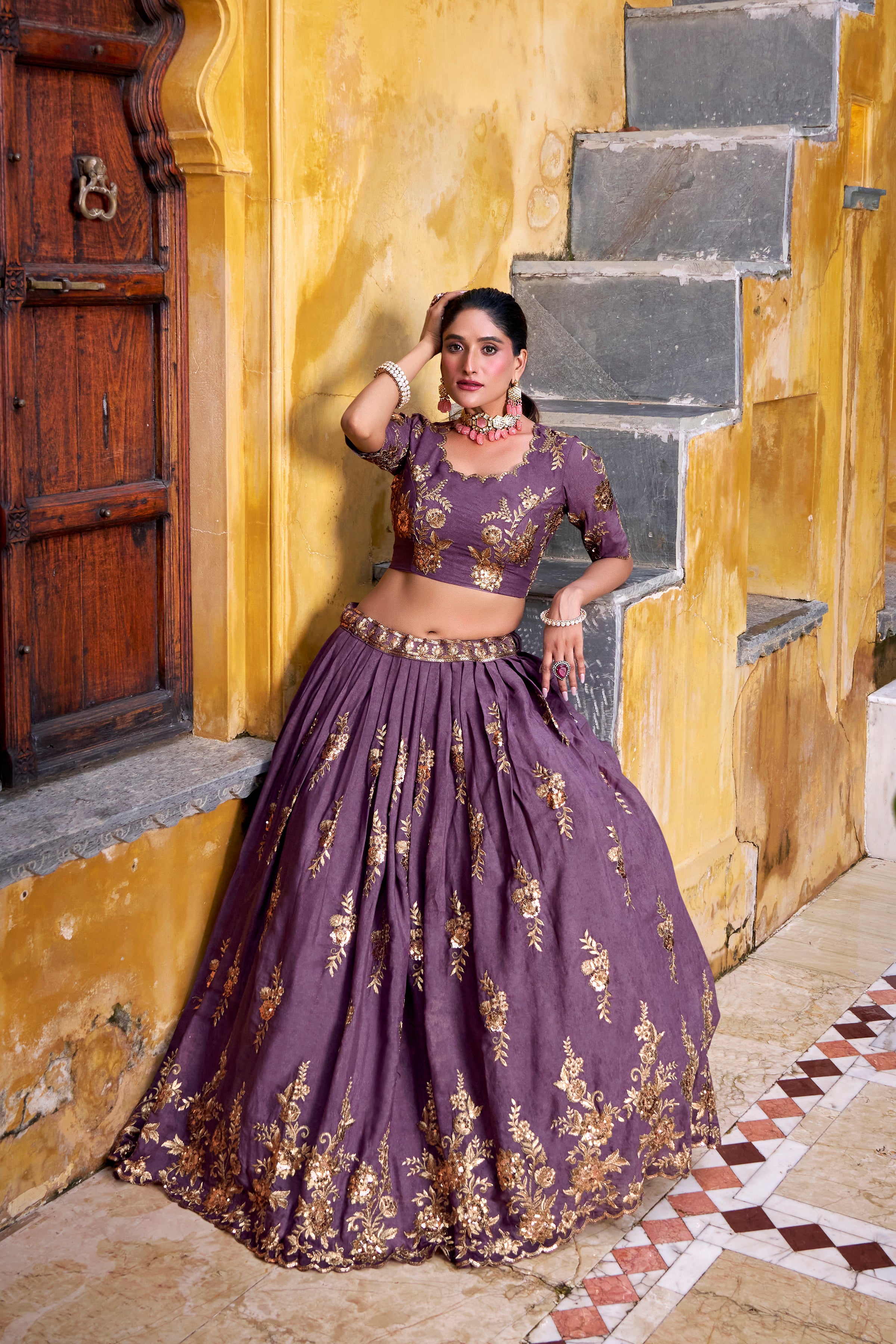 Regal Mauve Lehenga Choli with Golden Embroidery