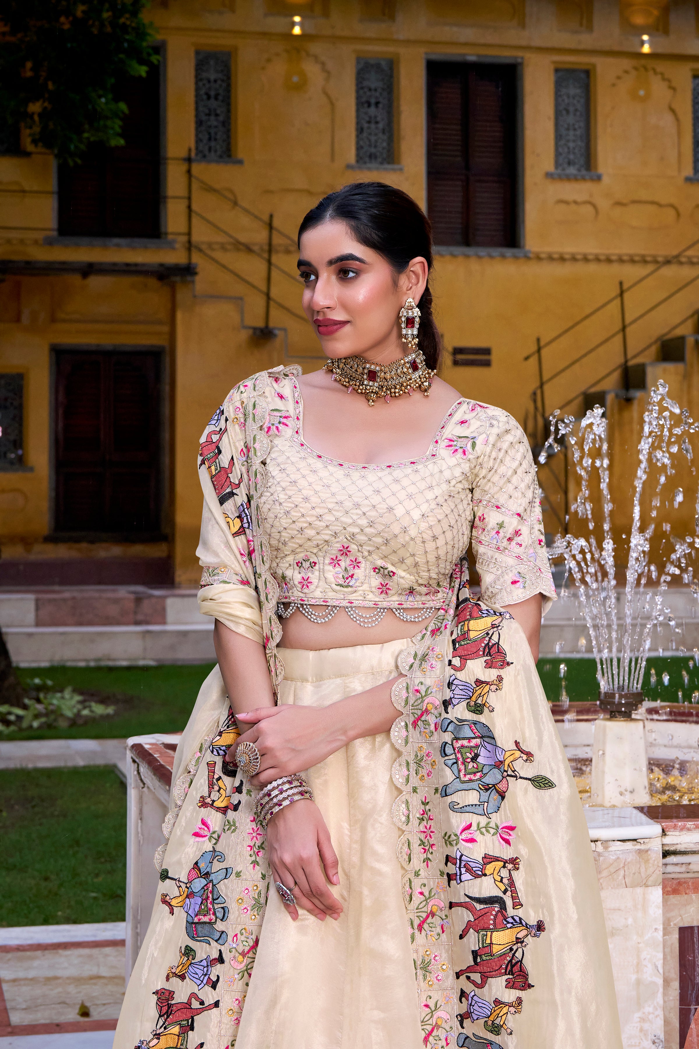 Elegant Cream Lehenga with a Hand-Embroidered Baraat Dupatta