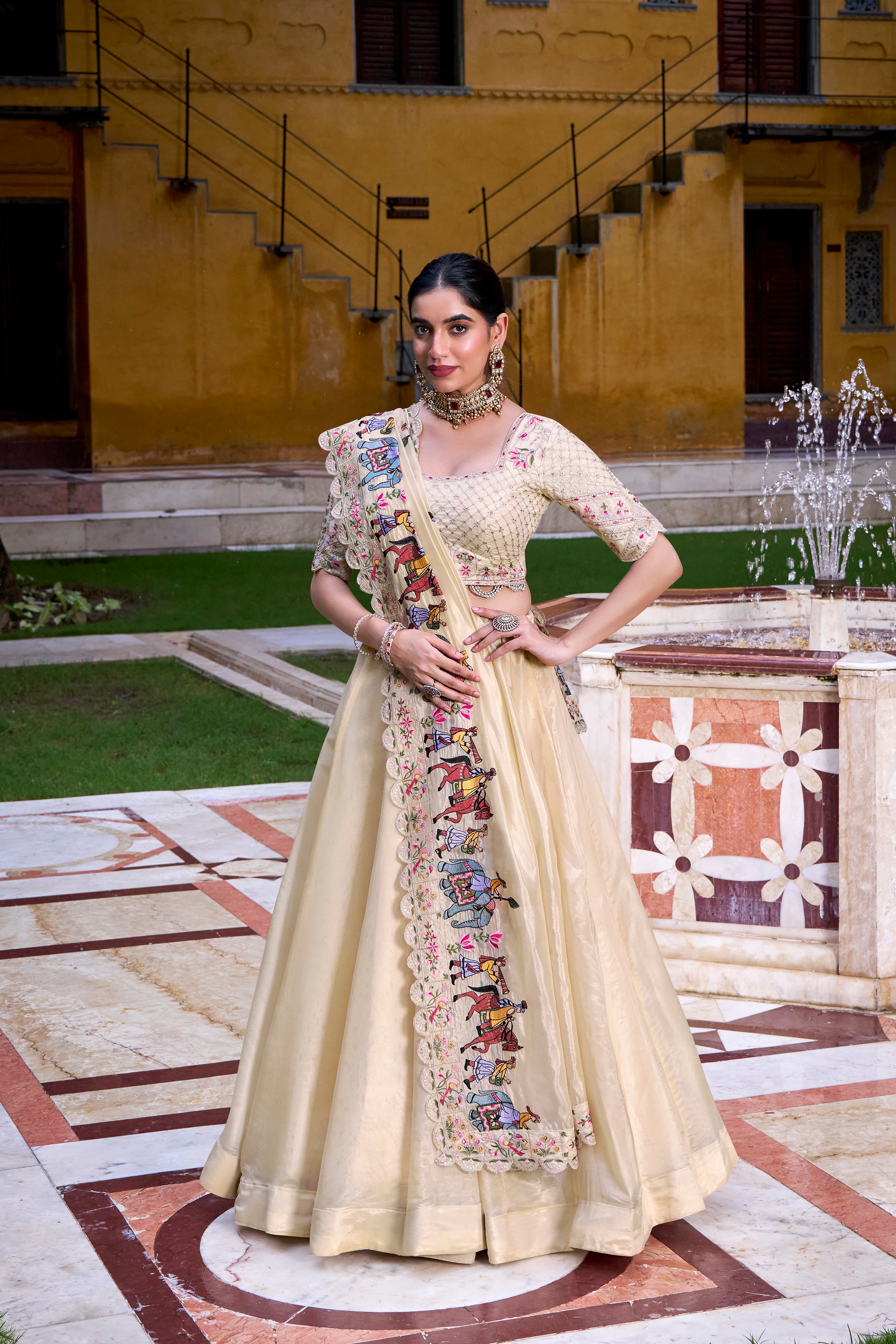 Elegant Cream Lehenga with a Hand-Embroidered Baraat Dupatta