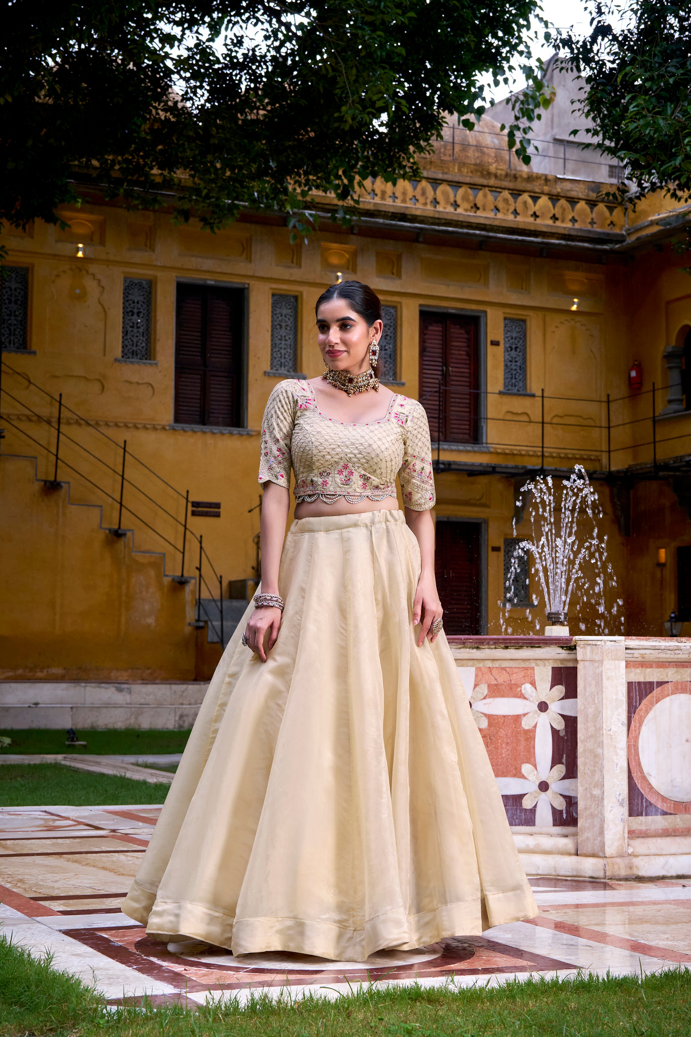 Elegant Cream Lehenga with a Hand-Embroidered Baraat Dupatta