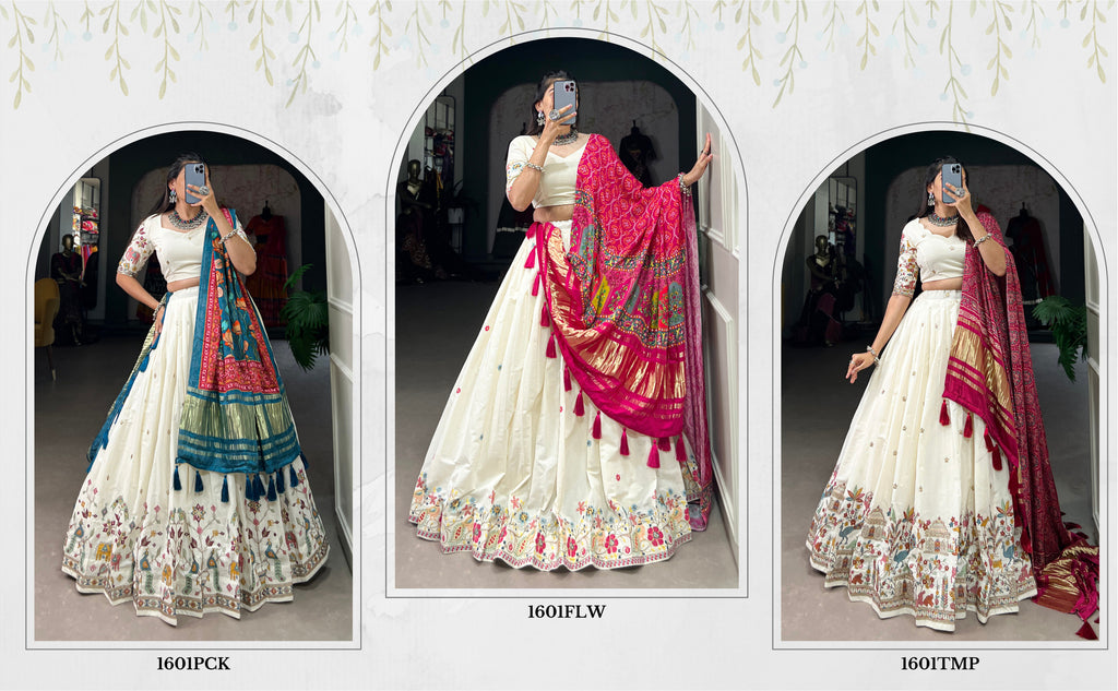An elegant ivory lehenga made vibrant by a stunning multi-hued pink dupatta