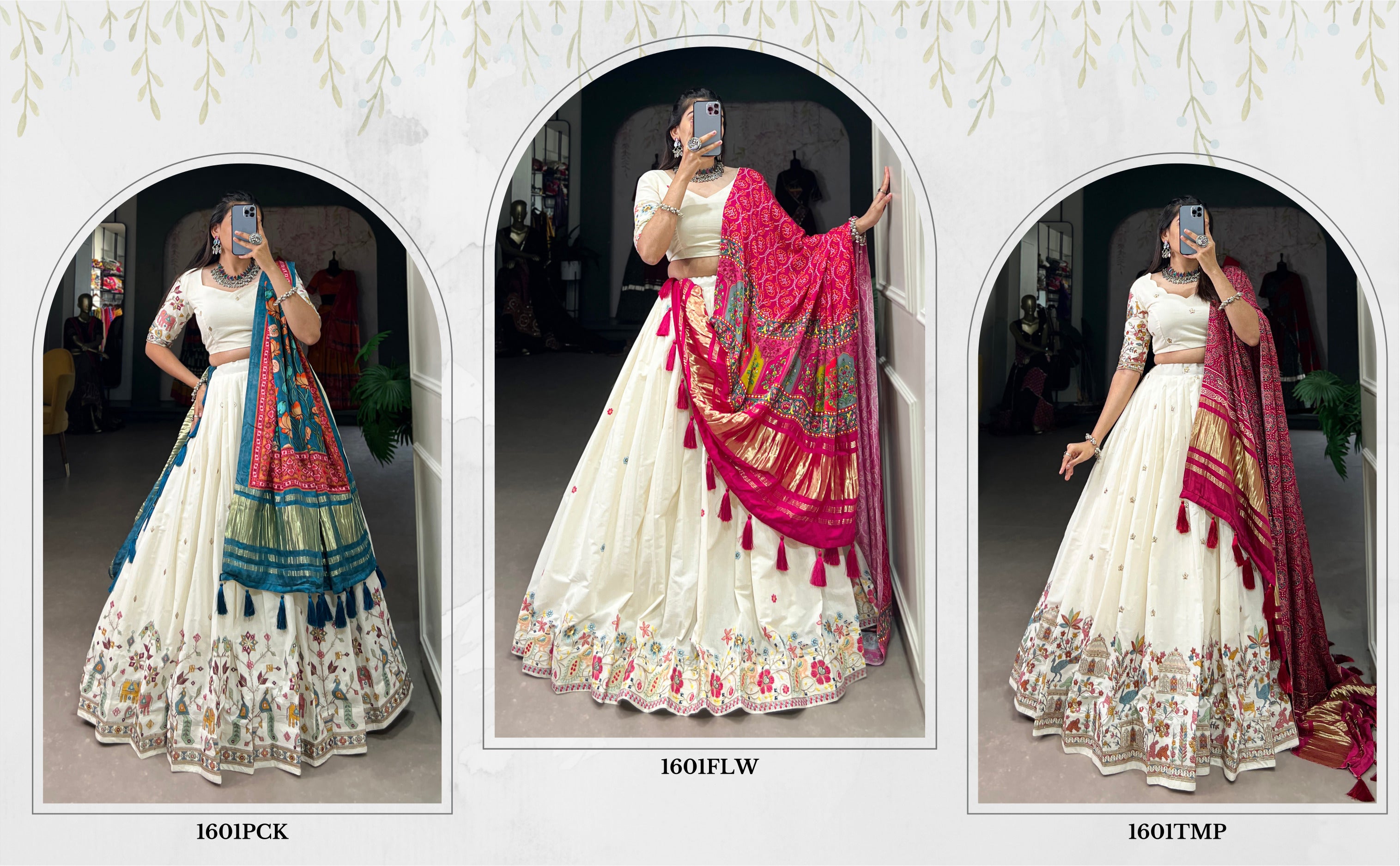 An elegant ivory lehenga made vibrant by a stunning multi-hued pink dupatta