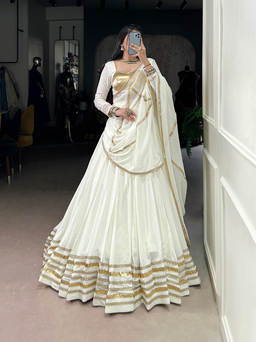 Elegant Flared Lehenga Choli with Classic Golden Detailing