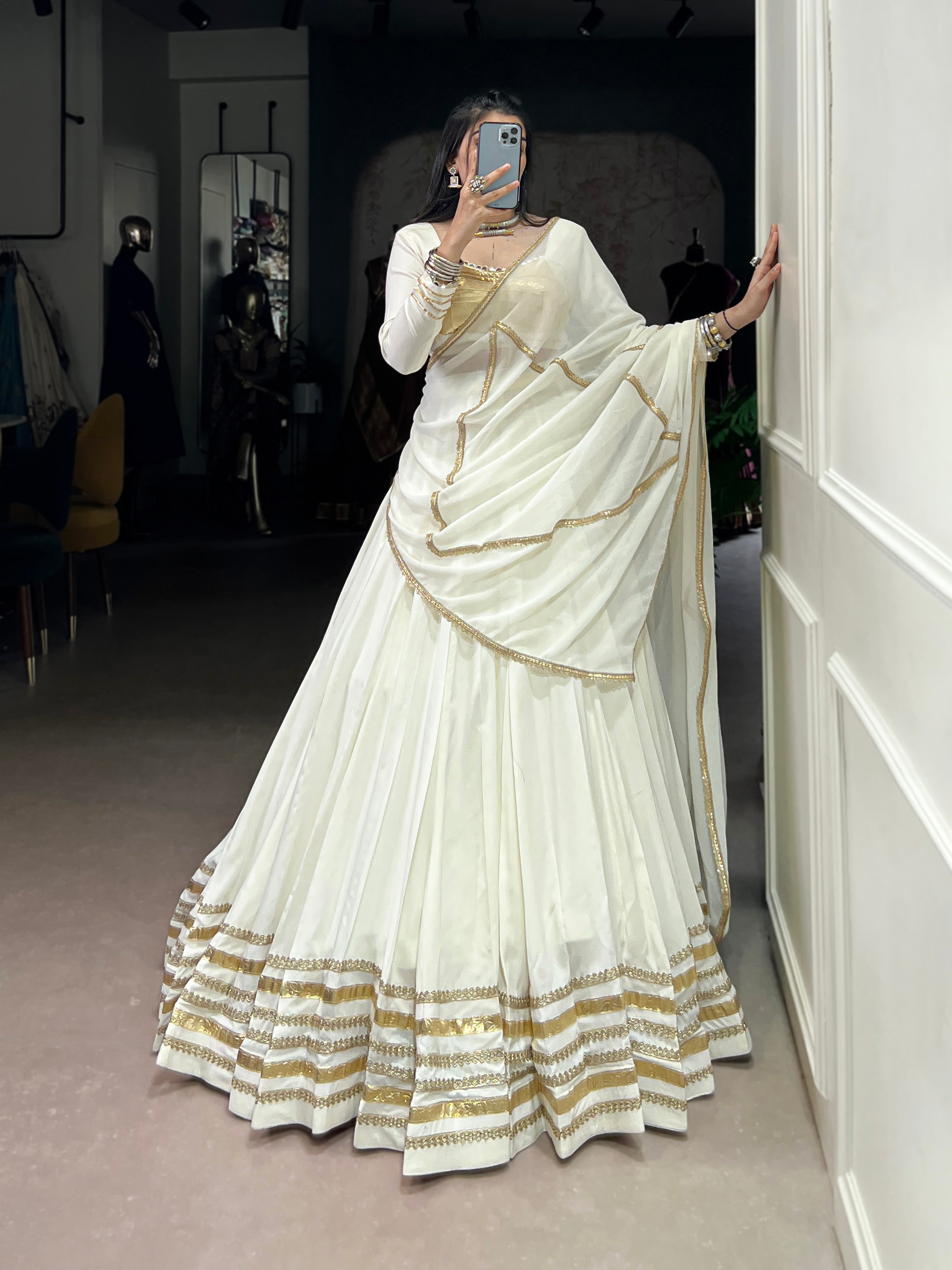 Elegant Flared Lehenga Choli with Classic Golden Detailing