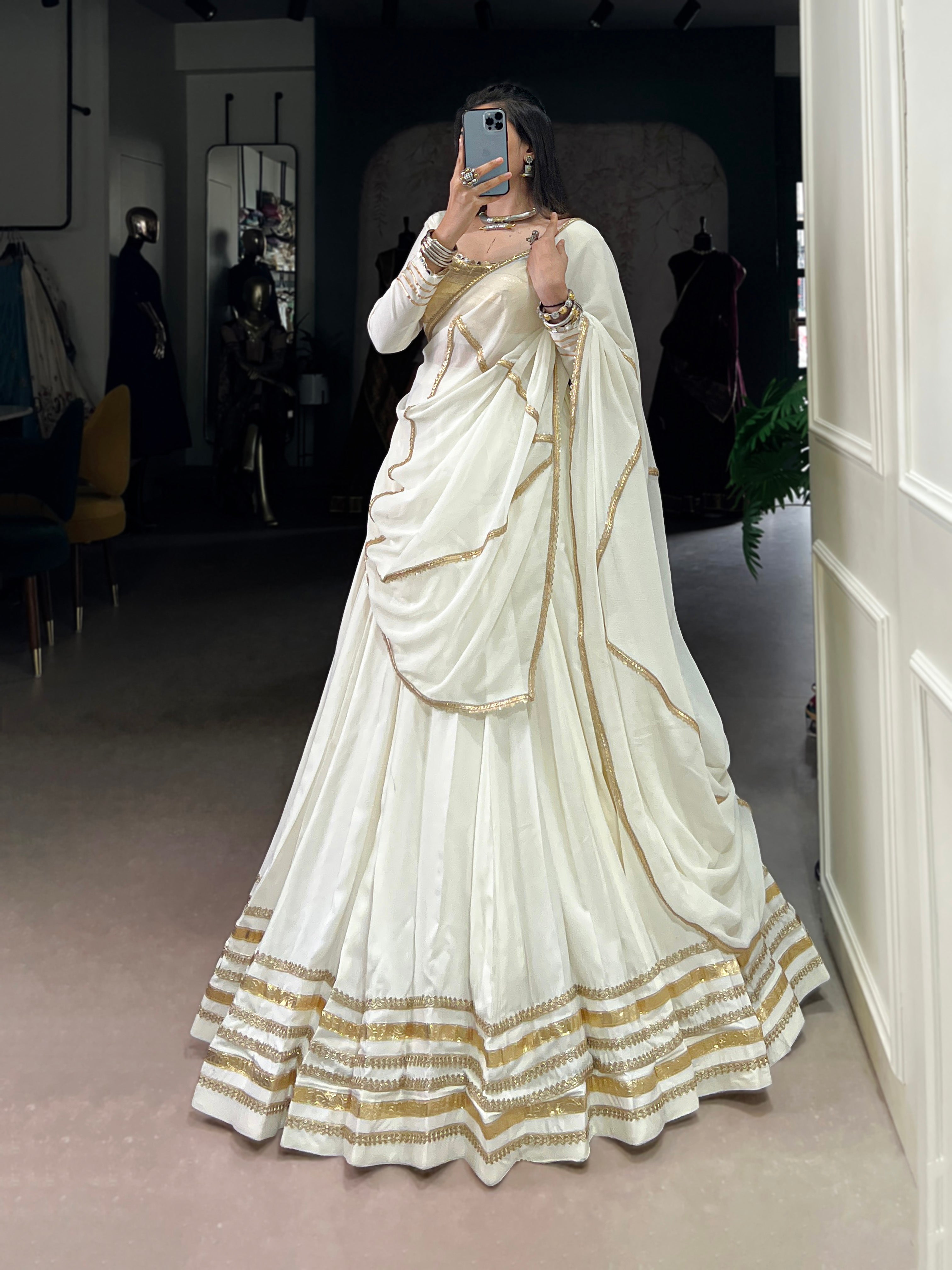Elegant Flared Lehenga Choli with Classic Golden Detailing