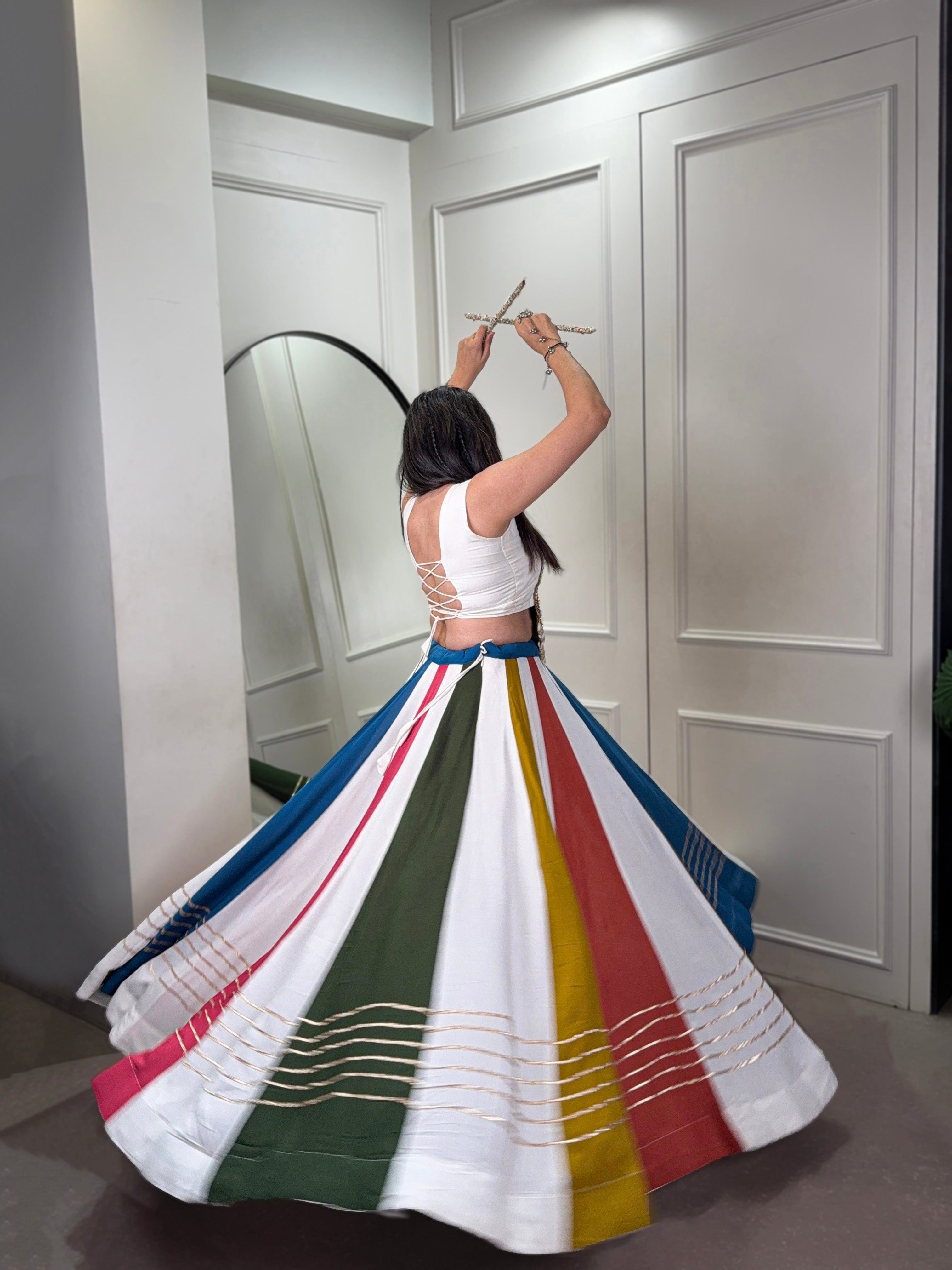 Multicolor Panel Lehenga with Mirror Work Kutchi Embroidered Choli