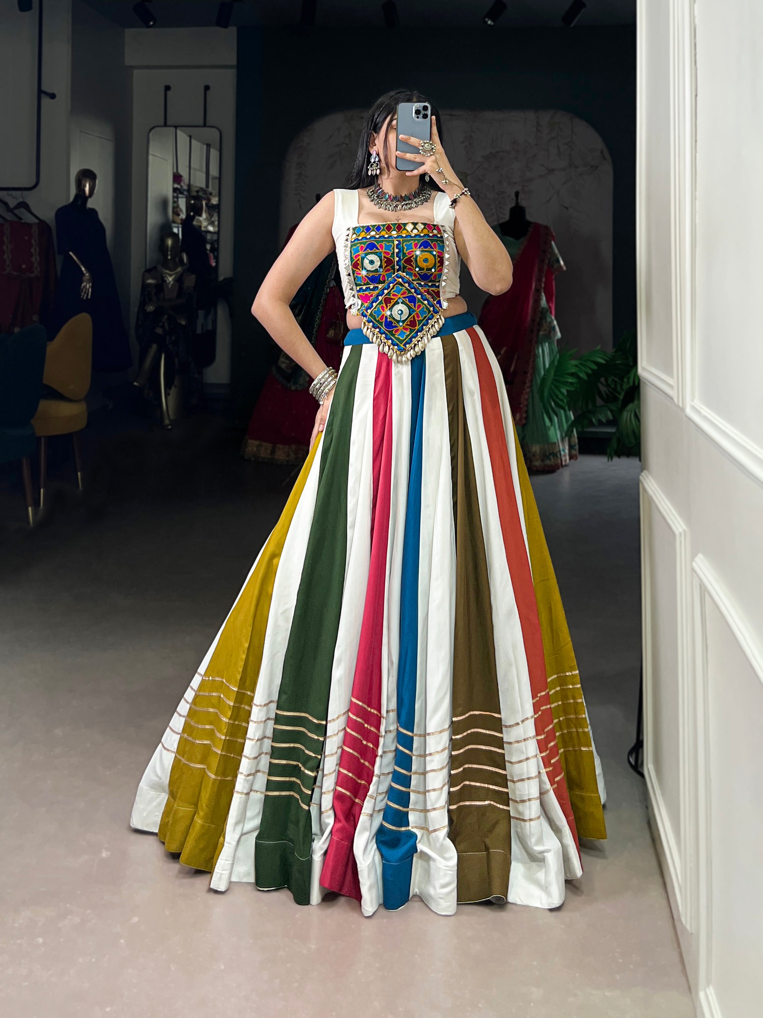 Multicolor Panel Lehenga with Mirror Work Kutchi Embroidered Choli