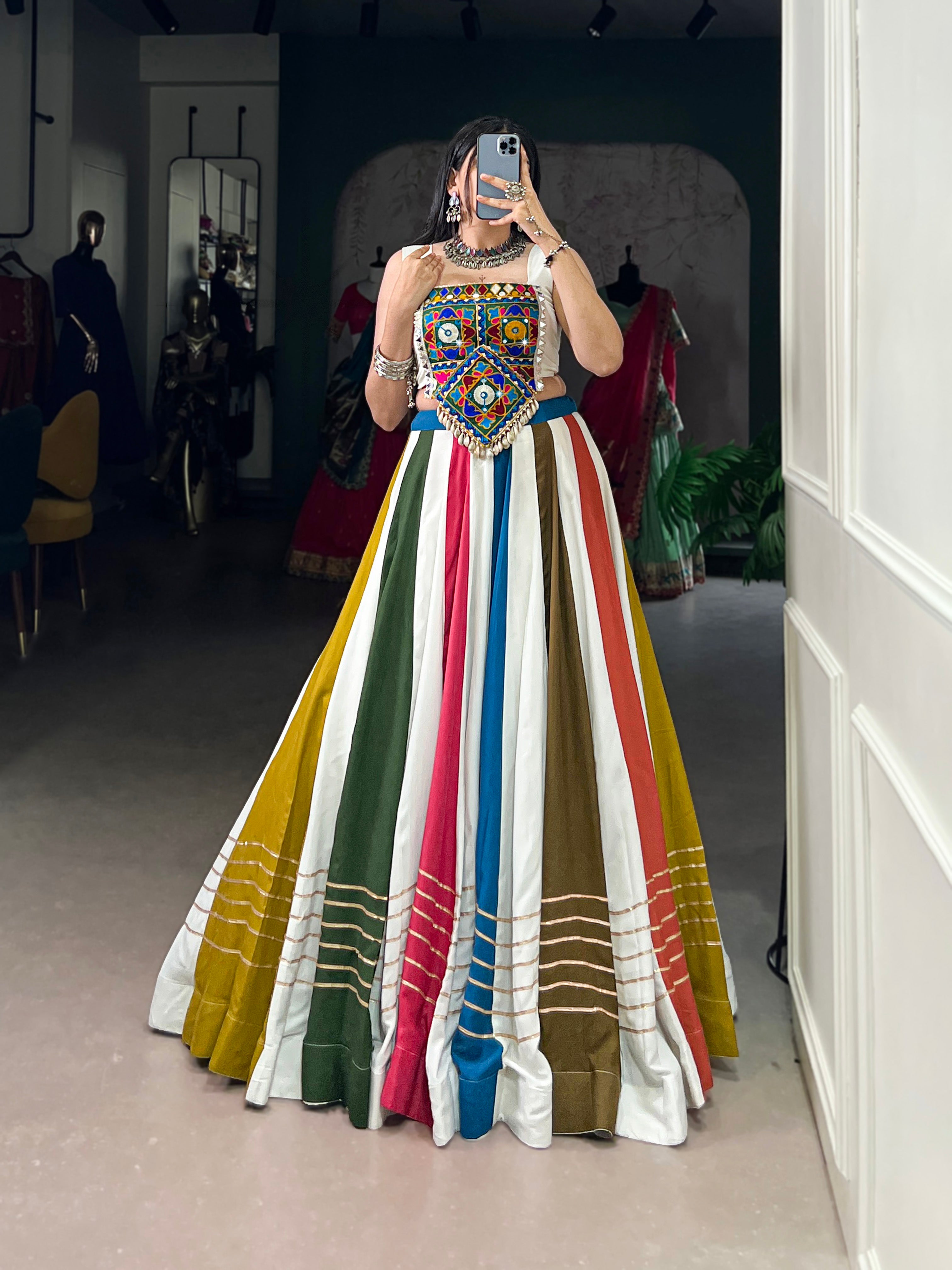 Multicolor Panel Lehenga with Mirror Work Kutchi Embroidered Choli