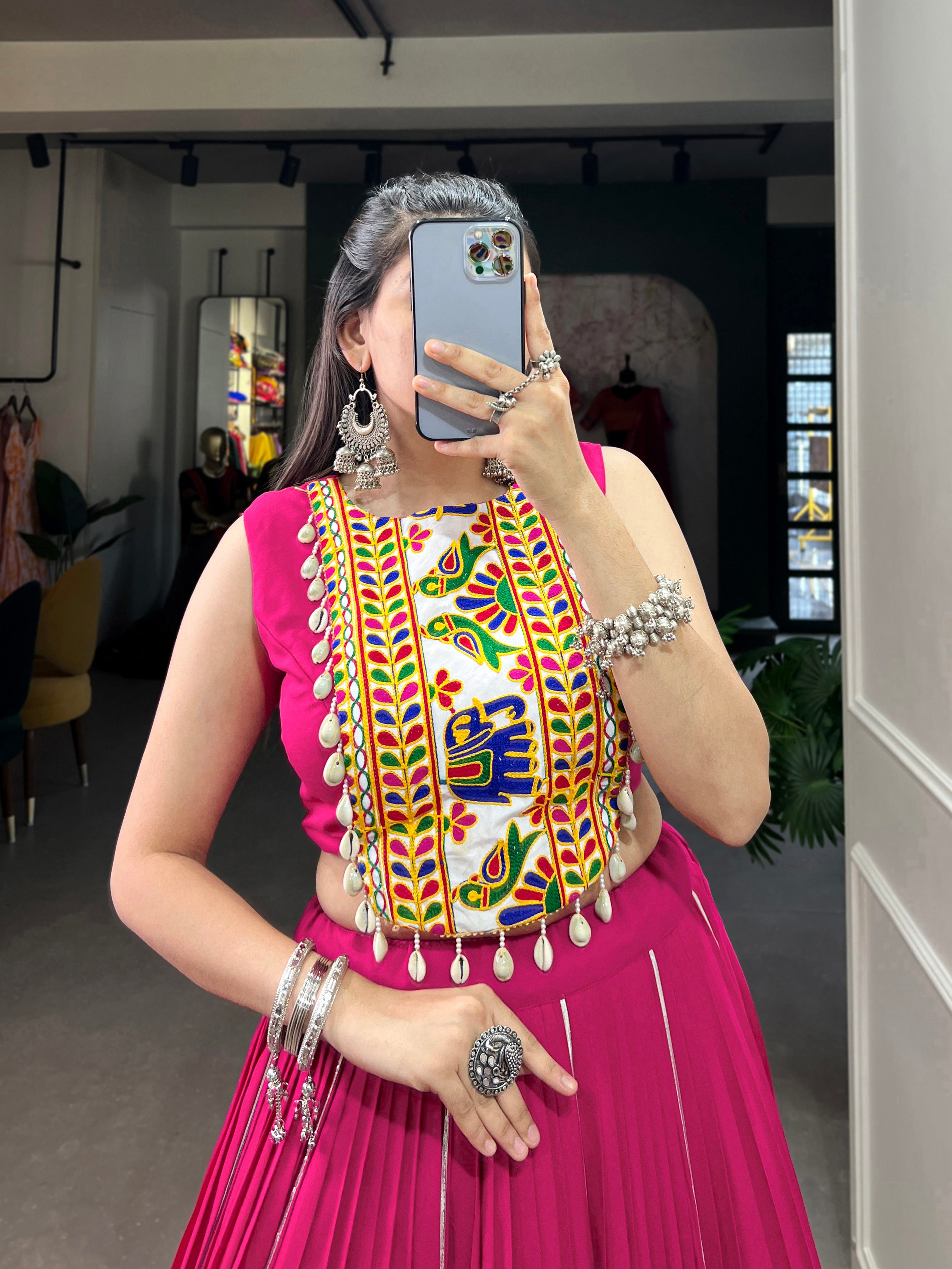 Designer Ethnic Mirror Work Choli with Bold Pink Rayon Lehenga