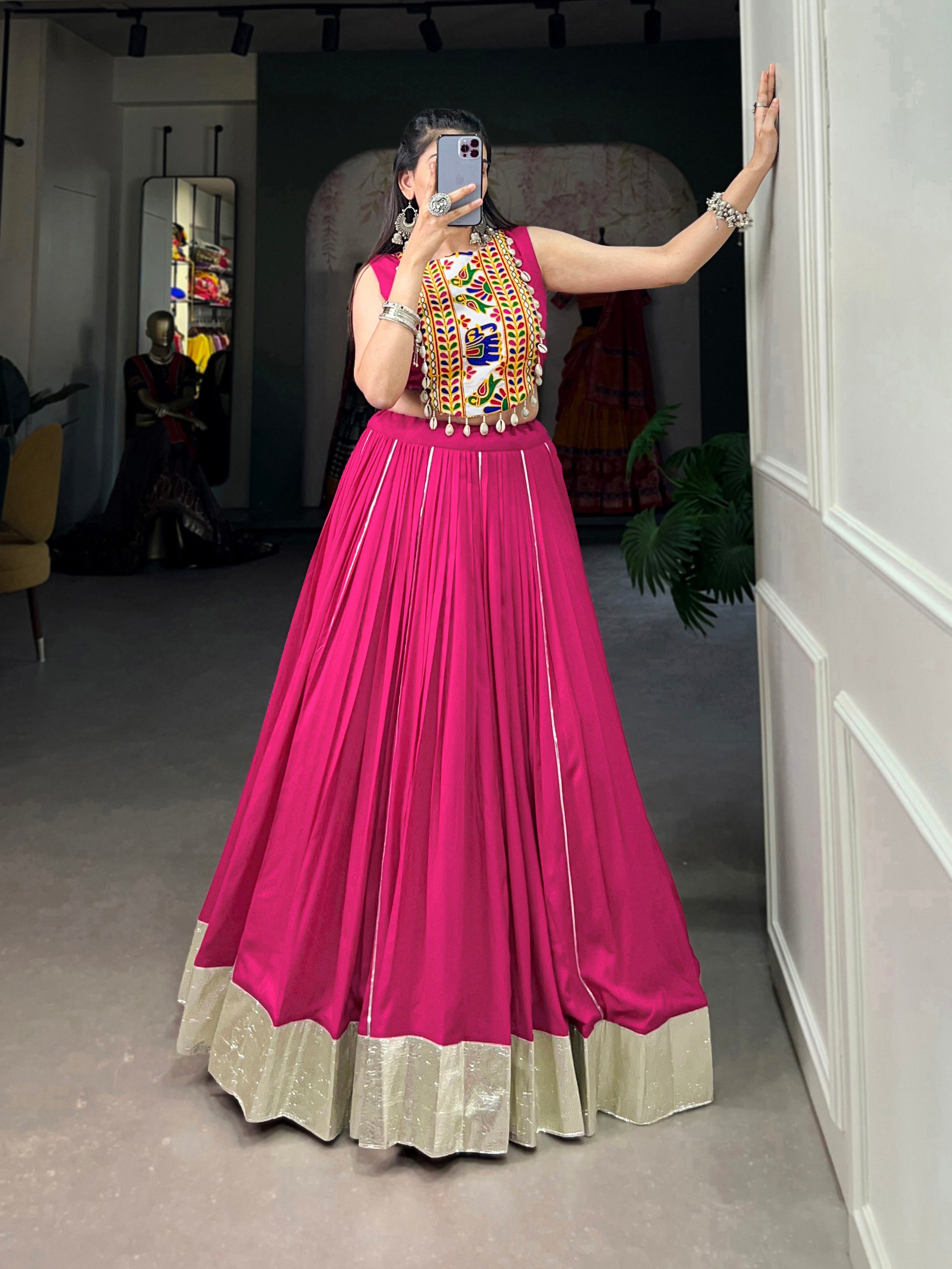 Designer Ethnic Mirror Work Choli with Bold Pink Rayon Lehenga