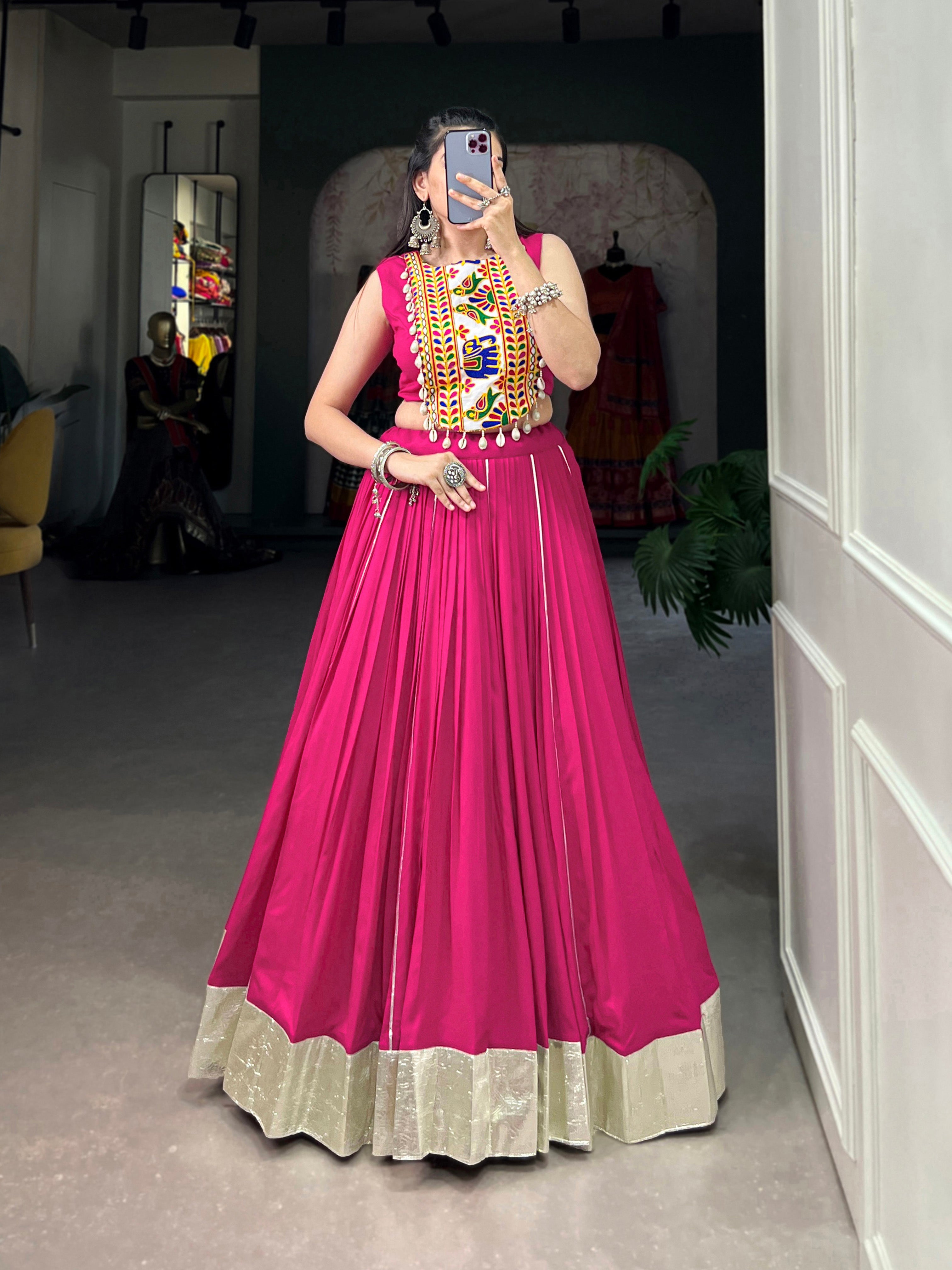 Designer Ethnic Mirror Work Choli with Bold Pink Rayon Lehenga