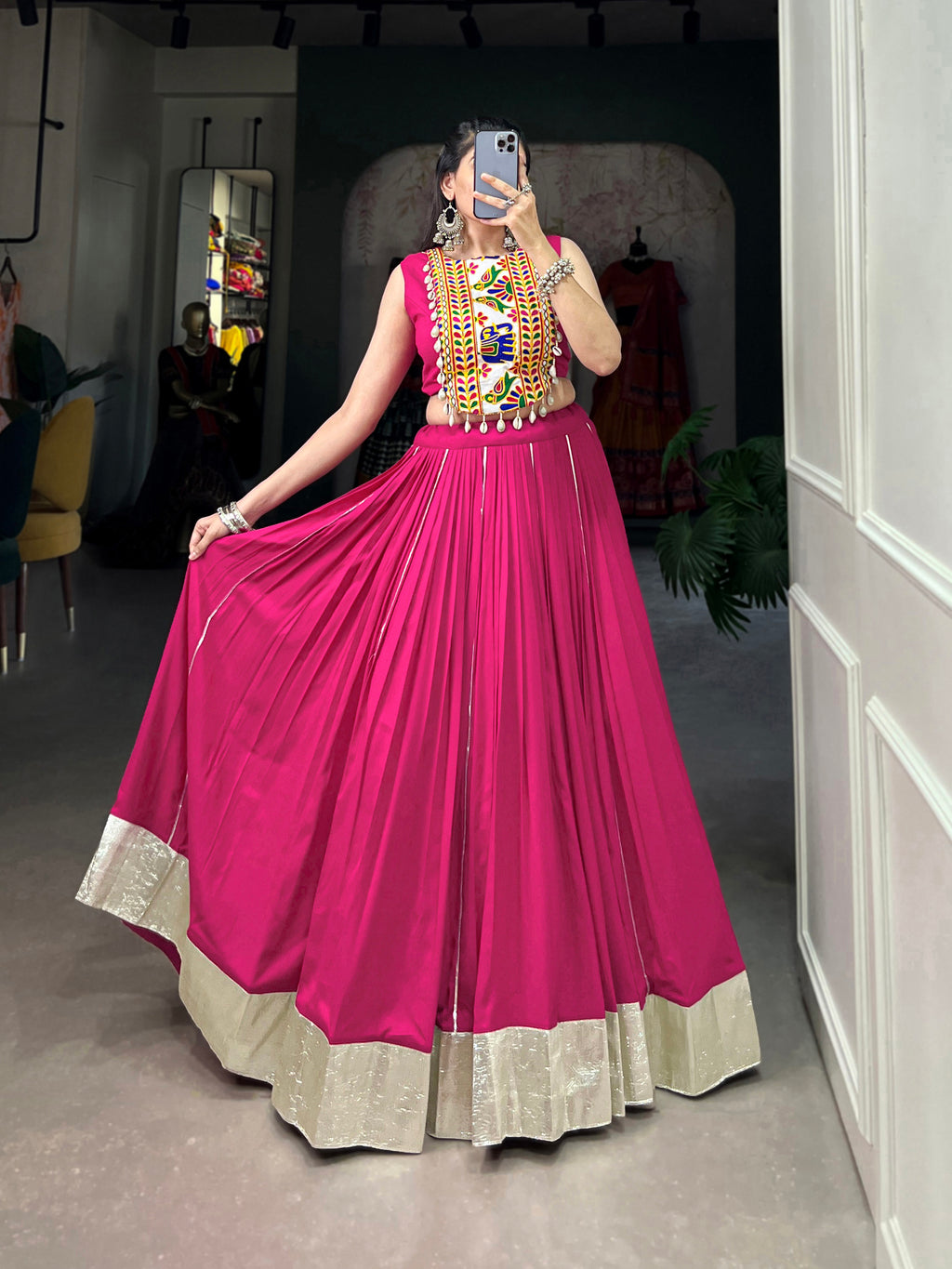 Designer Ethnic Mirror Work Choli with Bold Pink Rayon Lehenga