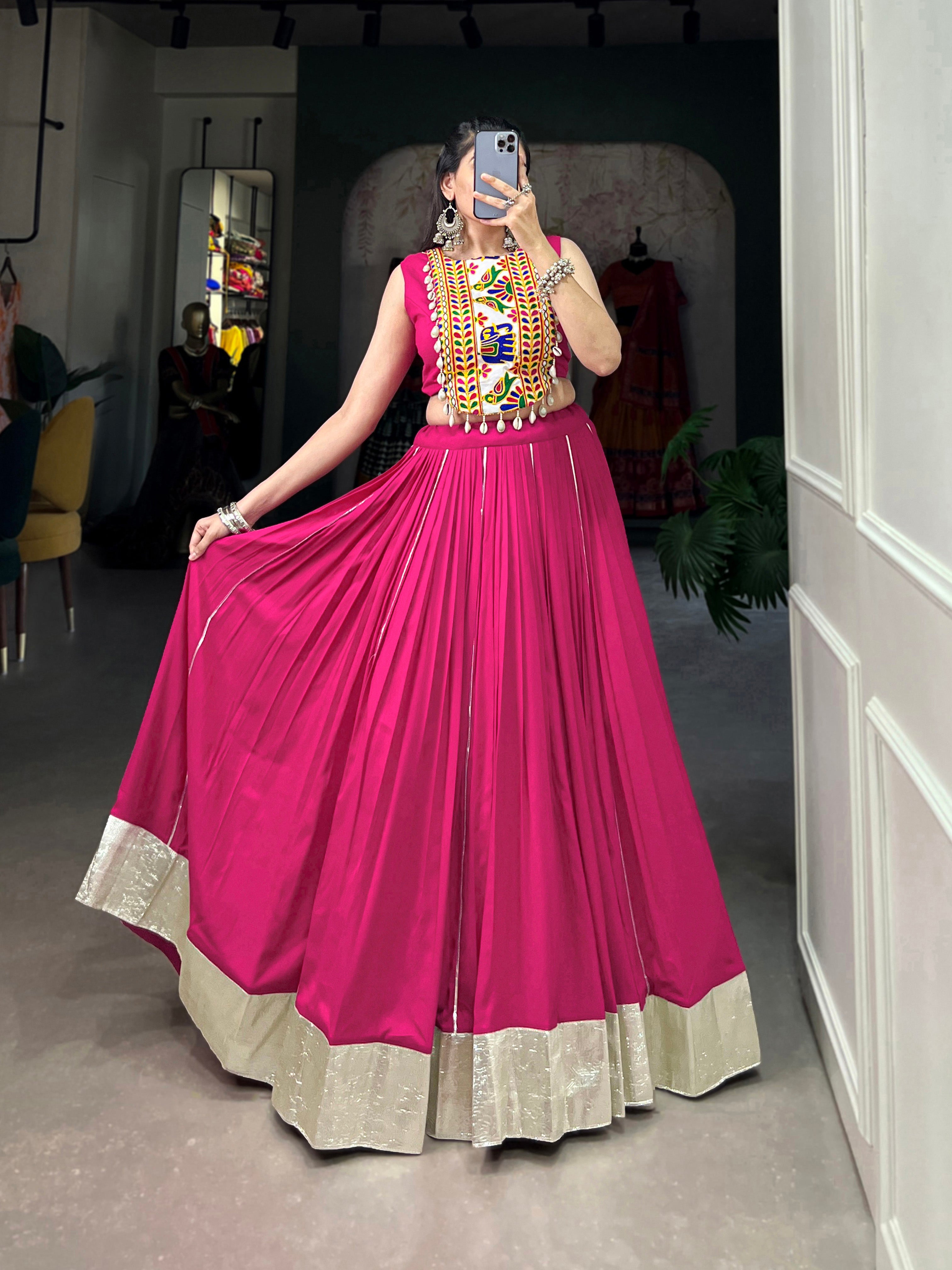 Designer Ethnic Mirror Work Choli with Bold Pink Rayon Lehenga