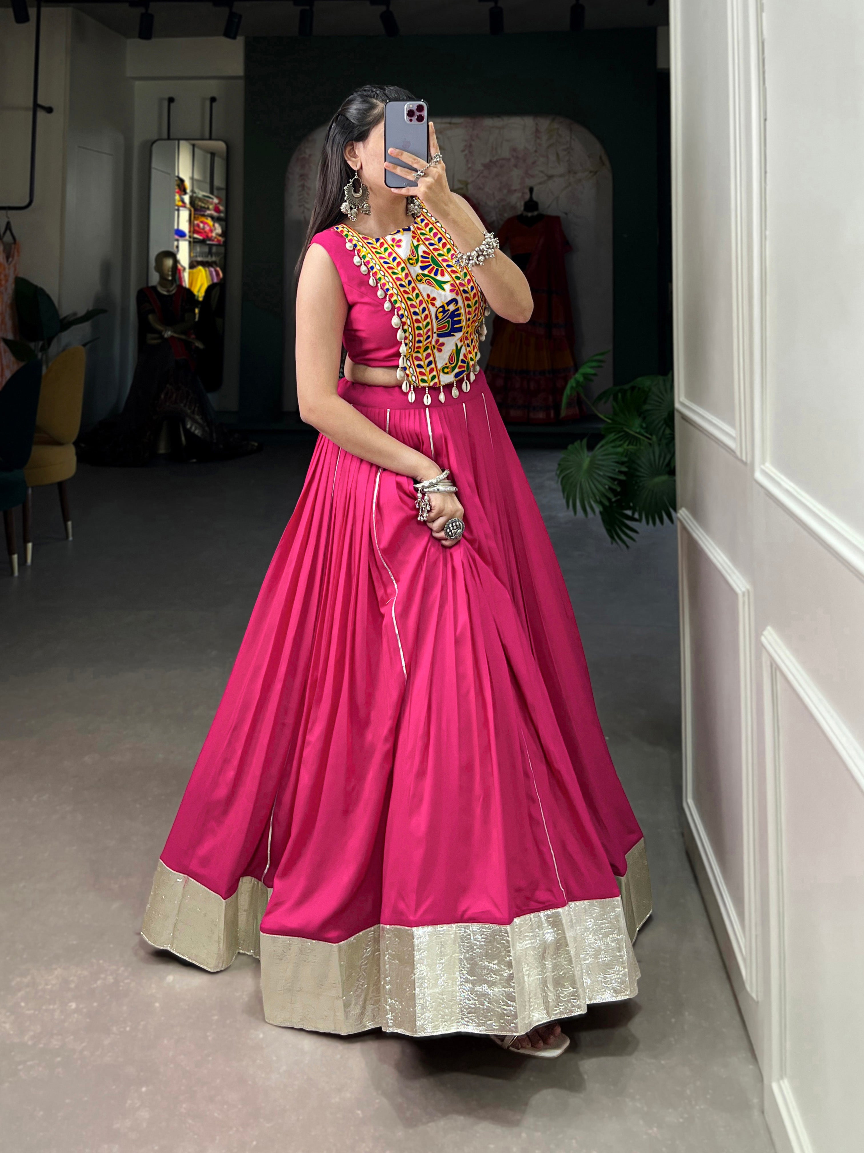 Designer Ethnic Mirror Work Choli with Bold Pink Rayon Lehenga